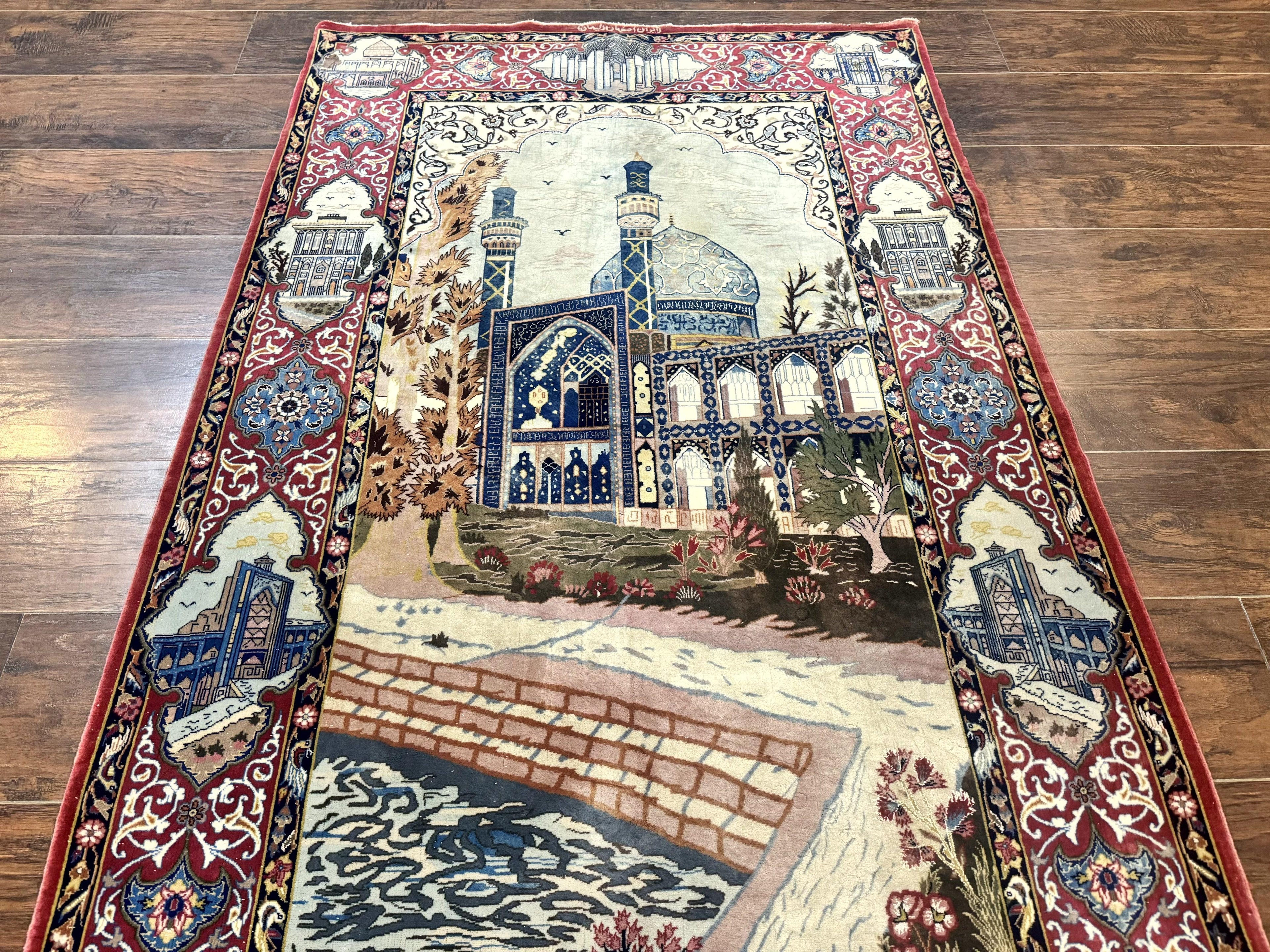 Persian Isfahan Pictorial Rug 3.6 x 5.7, Very Fine 400 KPSI, Historical Buildings, Signed By Masterweaver, Handmade
