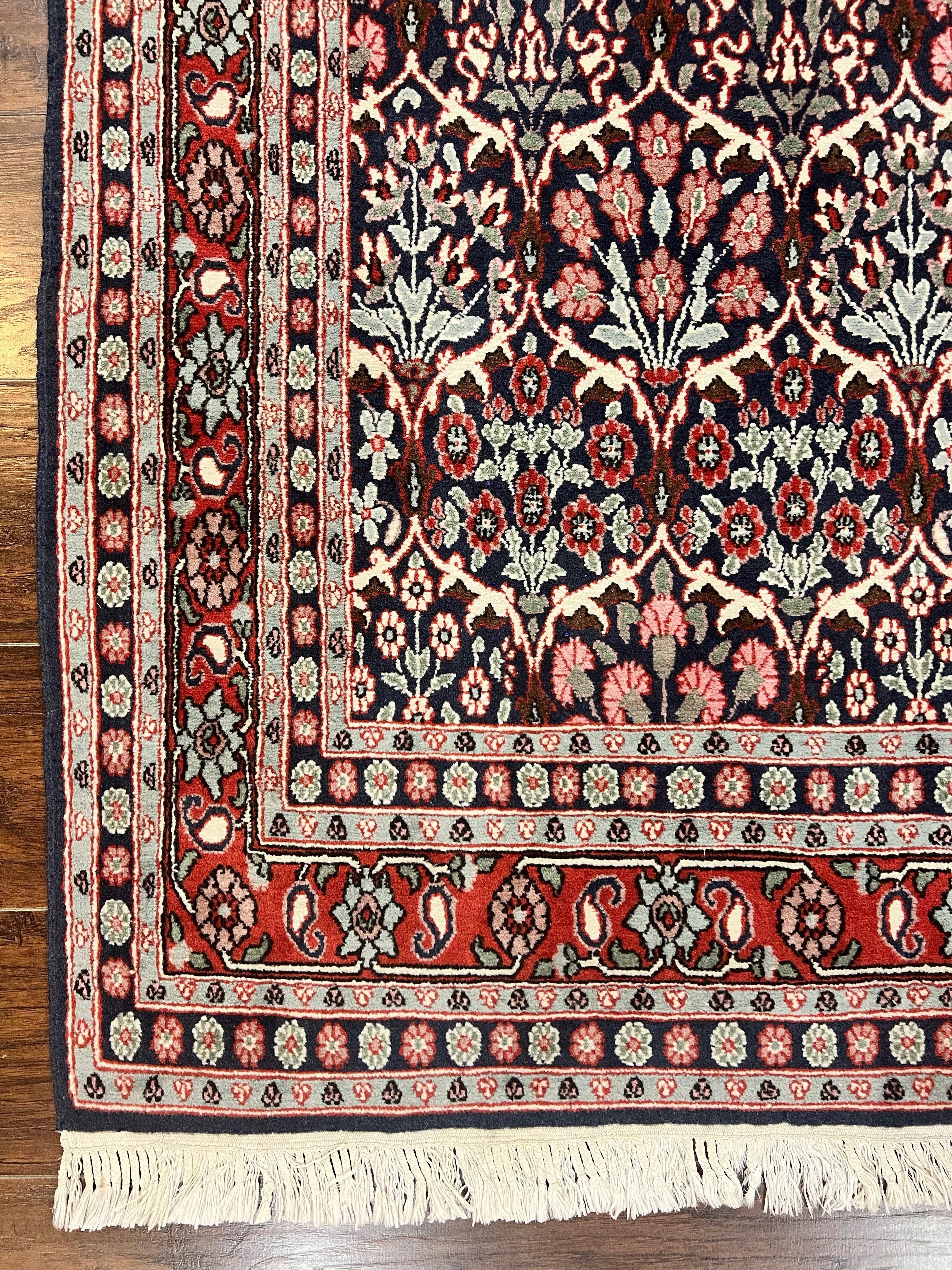 Pak Persian Rug 3x4, Wool Hand Knotted Vintage Traditional Carpet, Navy Blue & Red, Very Fine Small Handmade Floral Rug