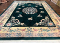 Chinese Art Deco Rug 9x12, Wool Hand Knotted Vintage Carpet, Dark Green & Cream, 90 Line Carving Rug