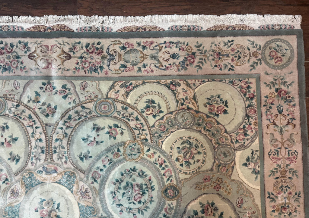 Pak Persian Rug 9x12, Wool with Silk Highlights, European Design, Floral, Green