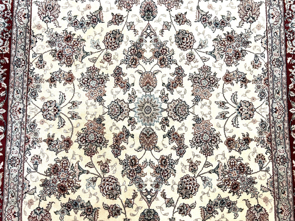 Pak Persian Rug 6x9, Floral Allover Carpet 6 x 9 ft, Cream and Maroon Hand Knotted Wool and Silk Fine Oriental Rug, Traditional Vintage Rug