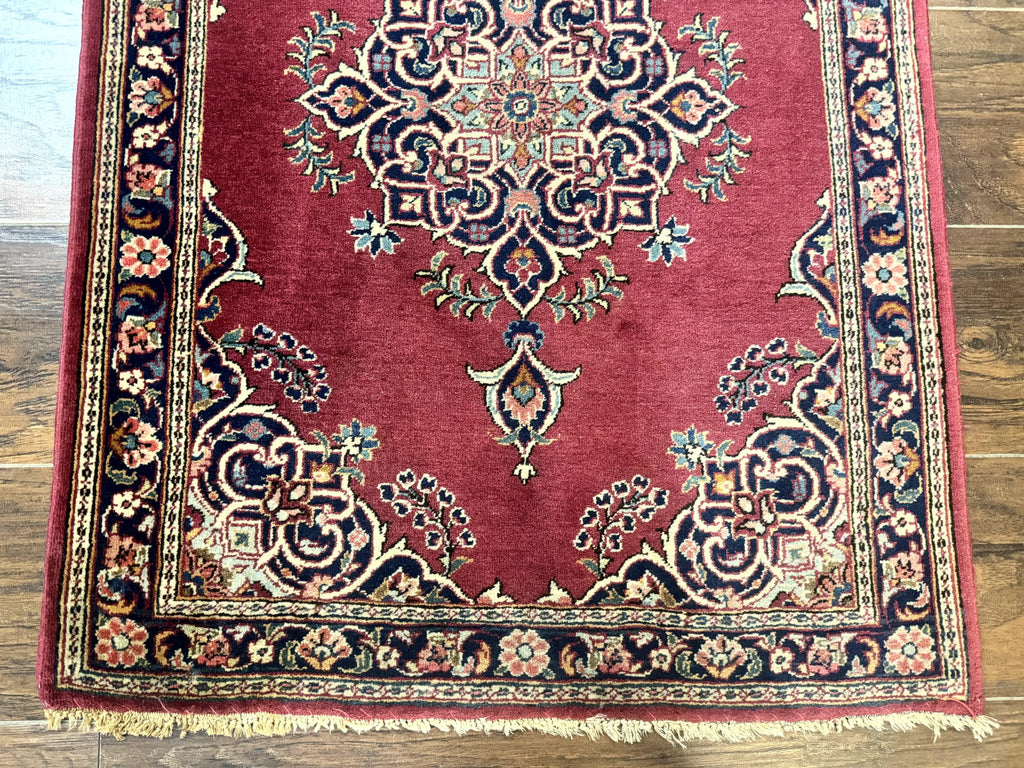 Small Persian Kashan Rug 2x3, Red and Navy Blue, Handmade Vintage Wool Semi Antique Persian Carpet, Semi Open Field, Pair B