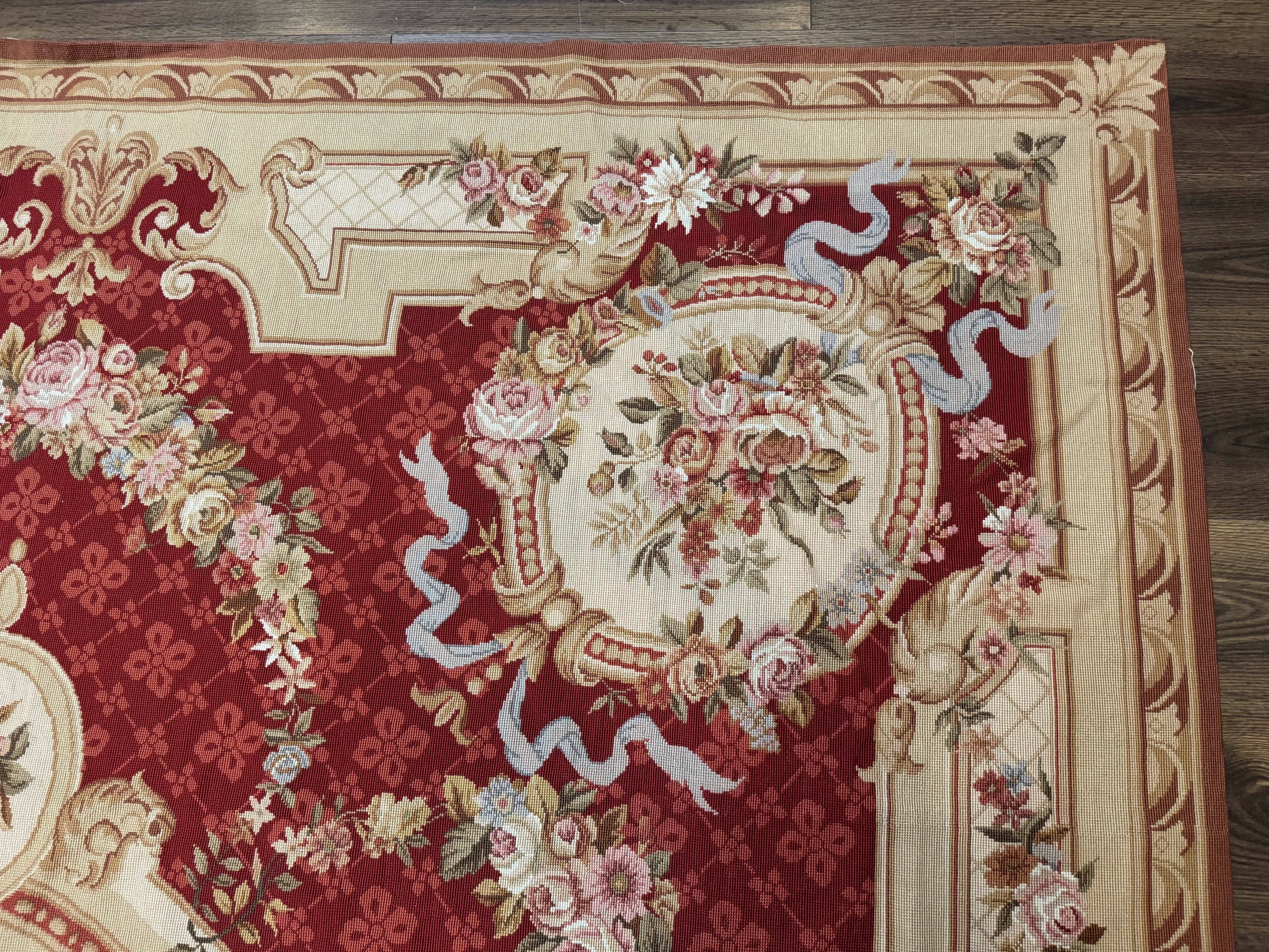Aubusson Rug 8x11, Needlepoint Carpet, Red Ivory Beige, Vintage, French European Design