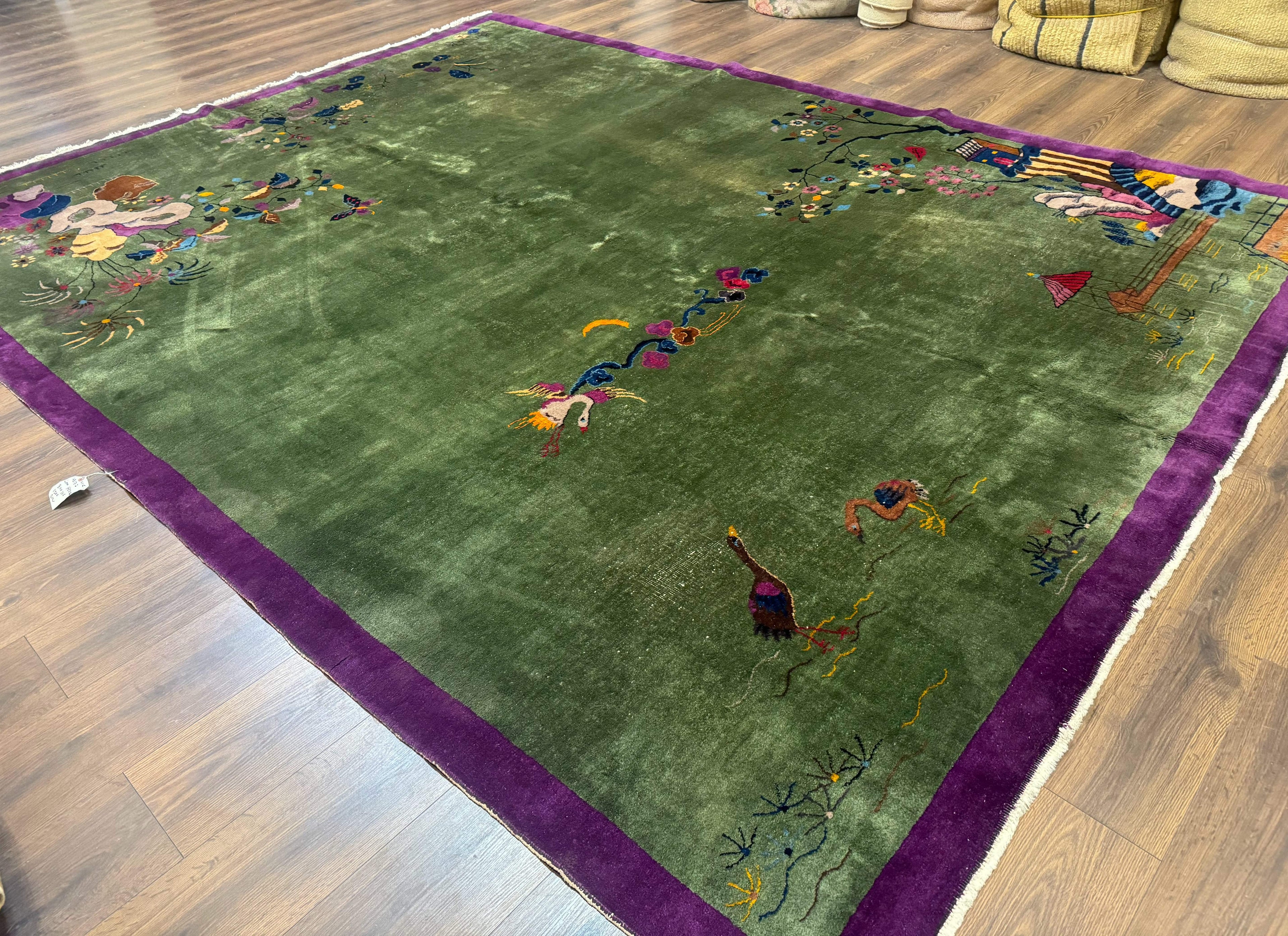 Antique Chinese Nichols Rug 9x12 - Rare Green and Purple Art Deco Carpet