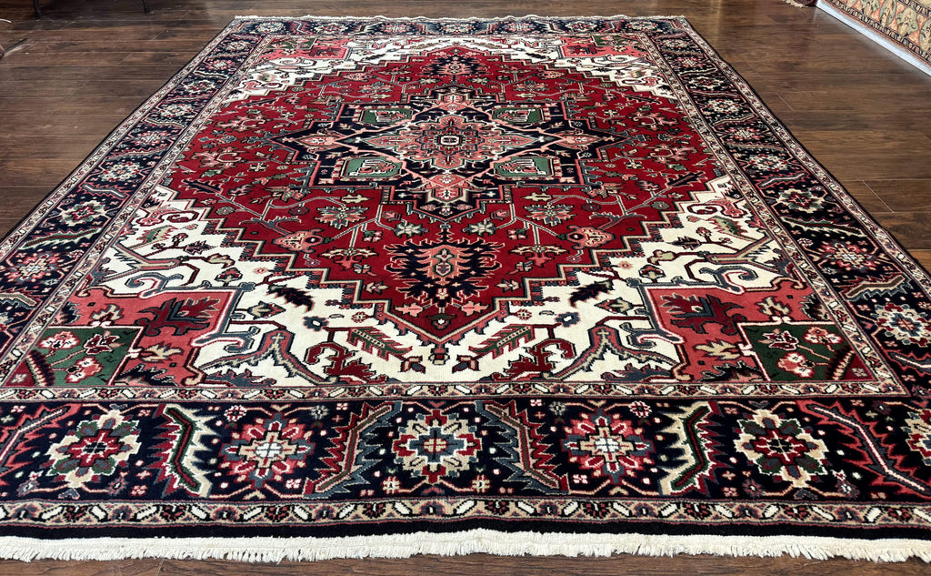 Indo Persian Heriz Rug 8x10, Geometric Medallion, Brick Red Ivory Navy Blue, Room Sized Heriz Carpet, Wool Rug
