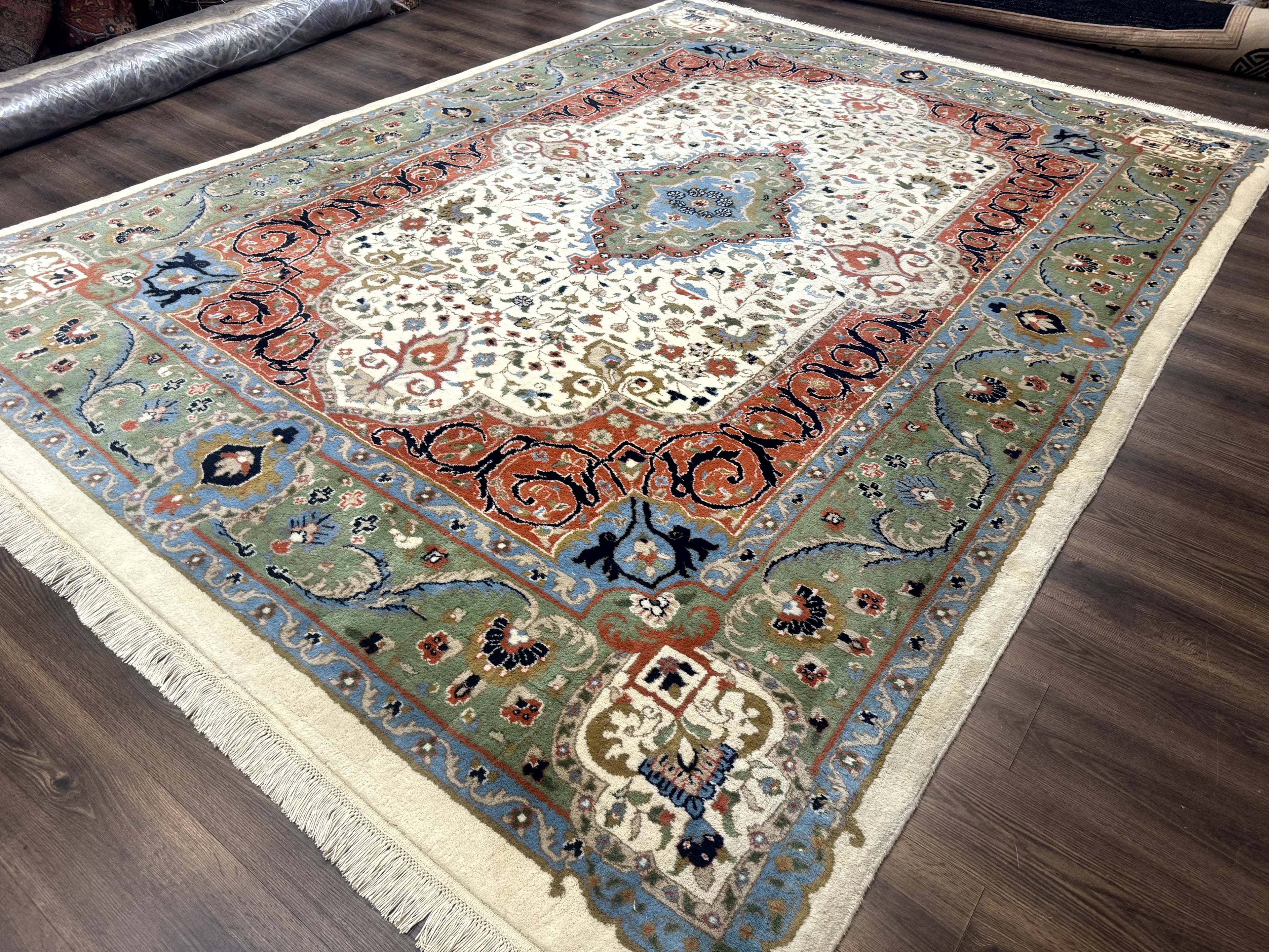 Indo Persian Rug 9x12, Ivory Red Green, Traditional Oriental Carpet