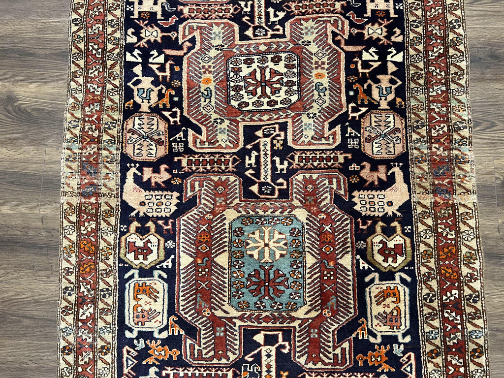Persian Ardabil Wide Runner Rug 4x10 - Geometric Medallions & Animal Pictorials