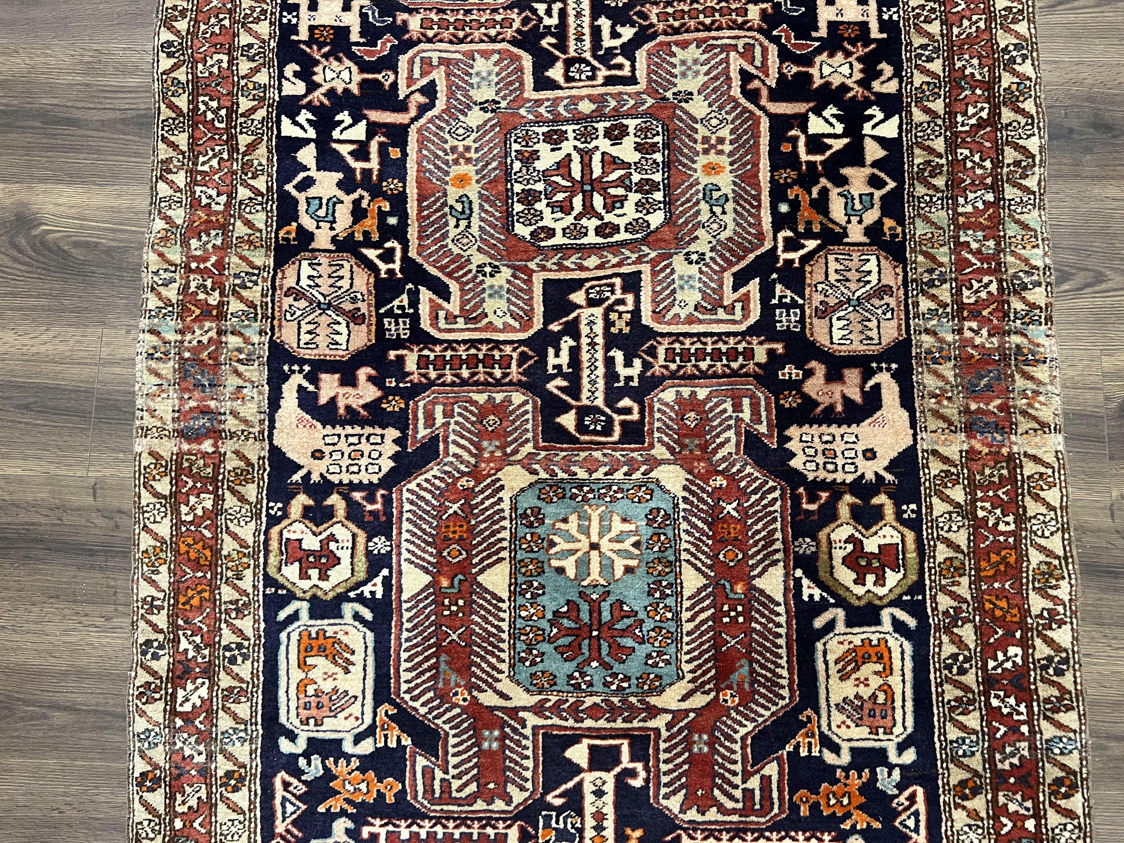 Persian Ardabil Wide Runner Rug 4x10 - Geometric Medallions & Animal Pictorials