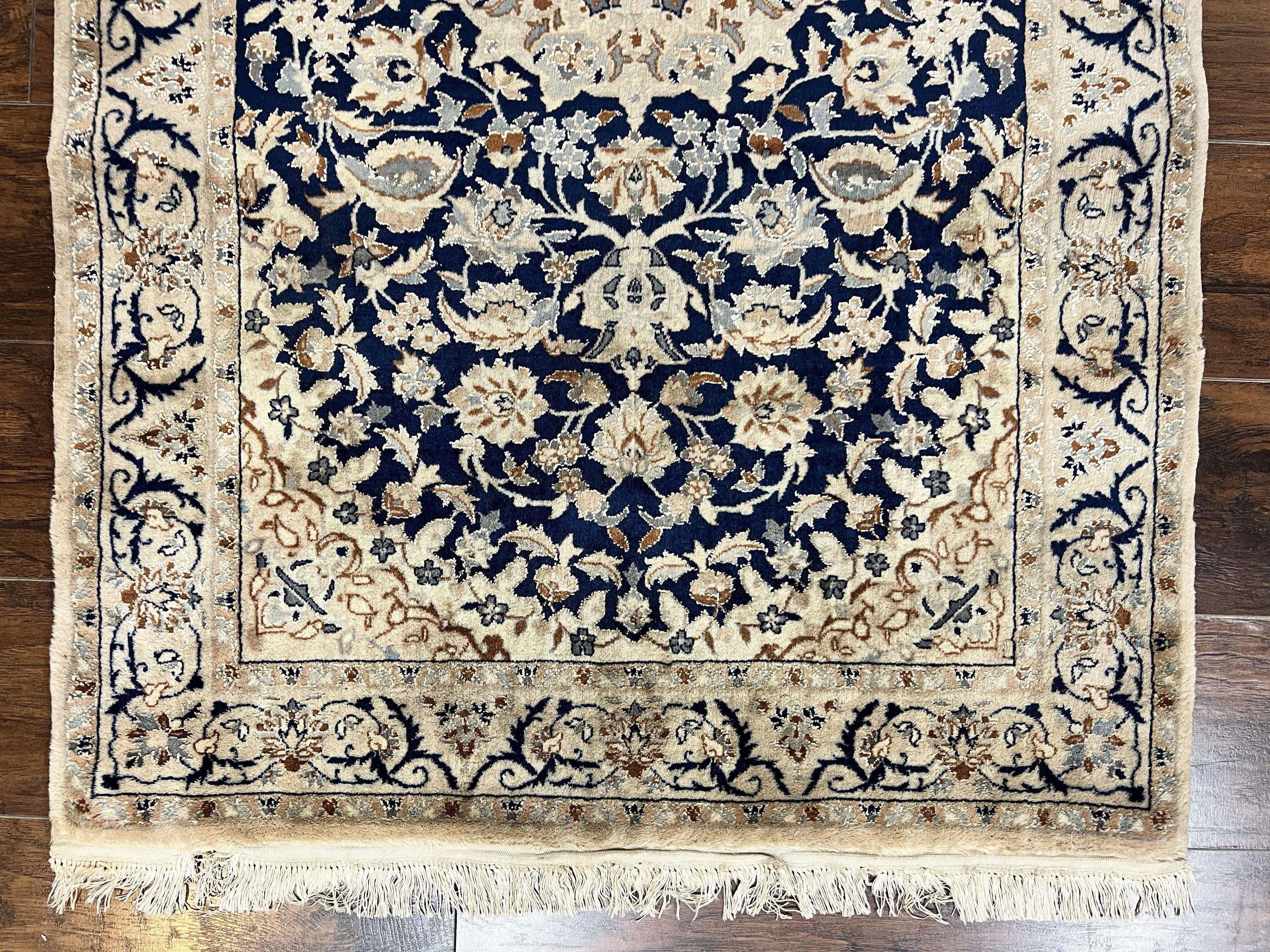 Persian Nain Rug 3x5, Floral Medallion Oriental Carpet, Very Fine Hand Knotted Handmade Wool and Silk Highlights Rug, Vintage Semi Antique
