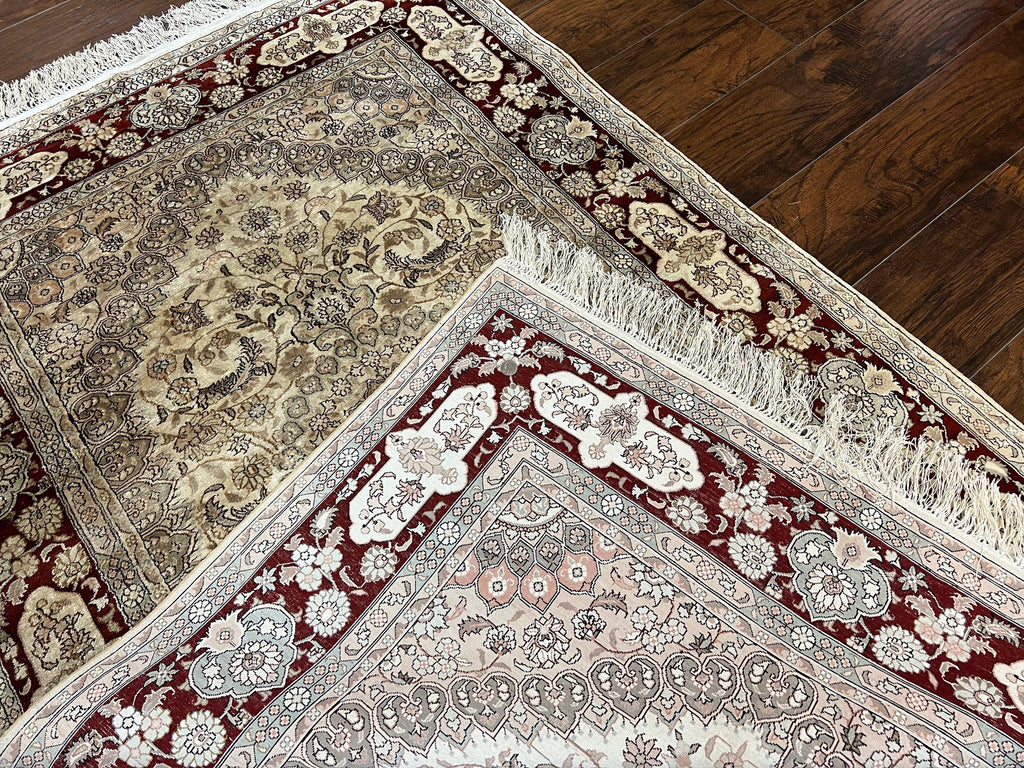 Silk Indian Kashmiri Rug 4x6 ft, Floral Medallion Hand Knotted Handmade Oriental Carpet, Vintage, Cream Burgundy, Very Fine Silk Rug 4 x 6