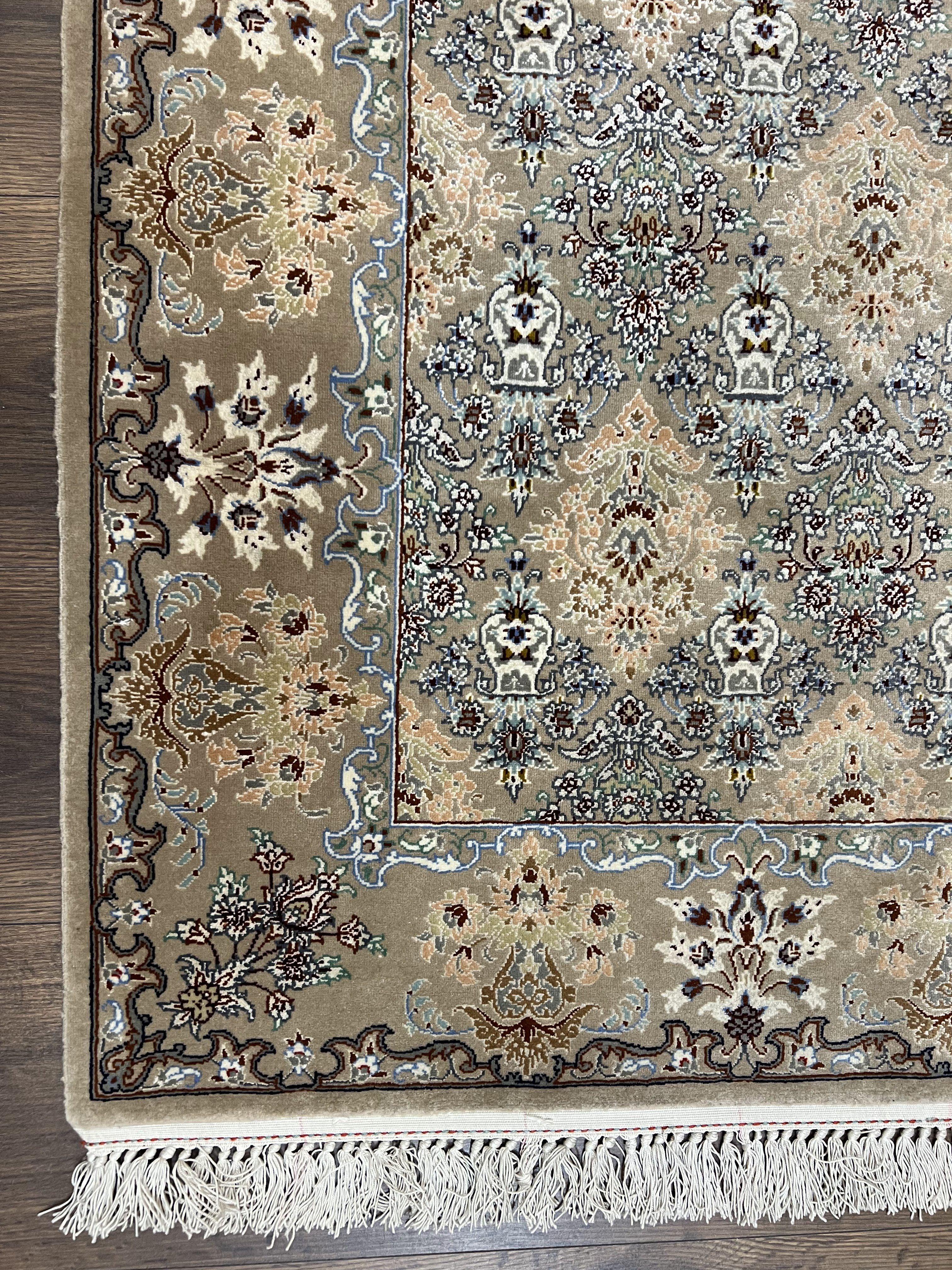 Super Fine Persian Isfahan Rug 3x5 ft, Kork Wool on Silk Foundation, Repeated Floral Motif, Taupe Tan Hand Knotted Oriental Carpet 3 x 5 ft, Signed