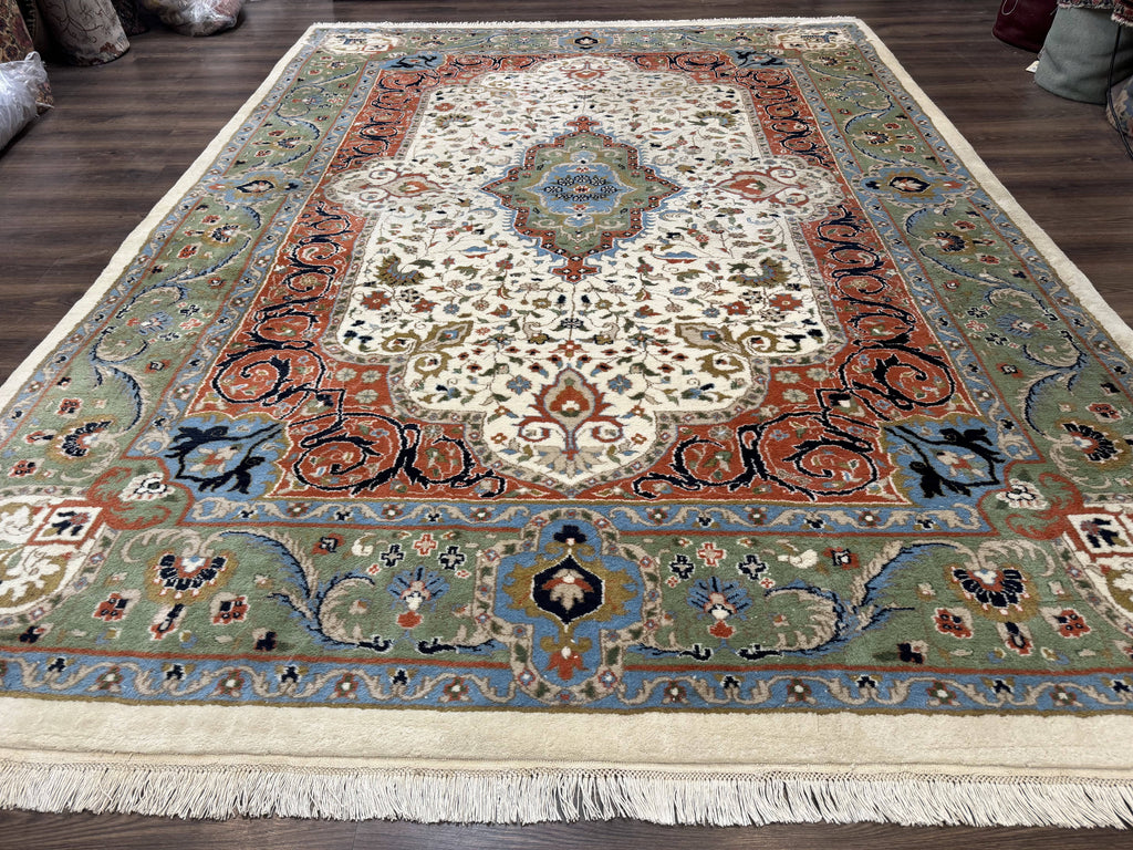 Indo Persian Rug 9x12, Ivory Red Green, Traditional Oriental Carpet