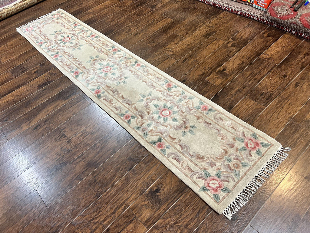 Chinese Aubusson Runner Rug 2.4 x 11, Hand Tufted Beige Floral European Design Hallway Rug, Elegant Rug, Vintage Wool Rug 11ft Long