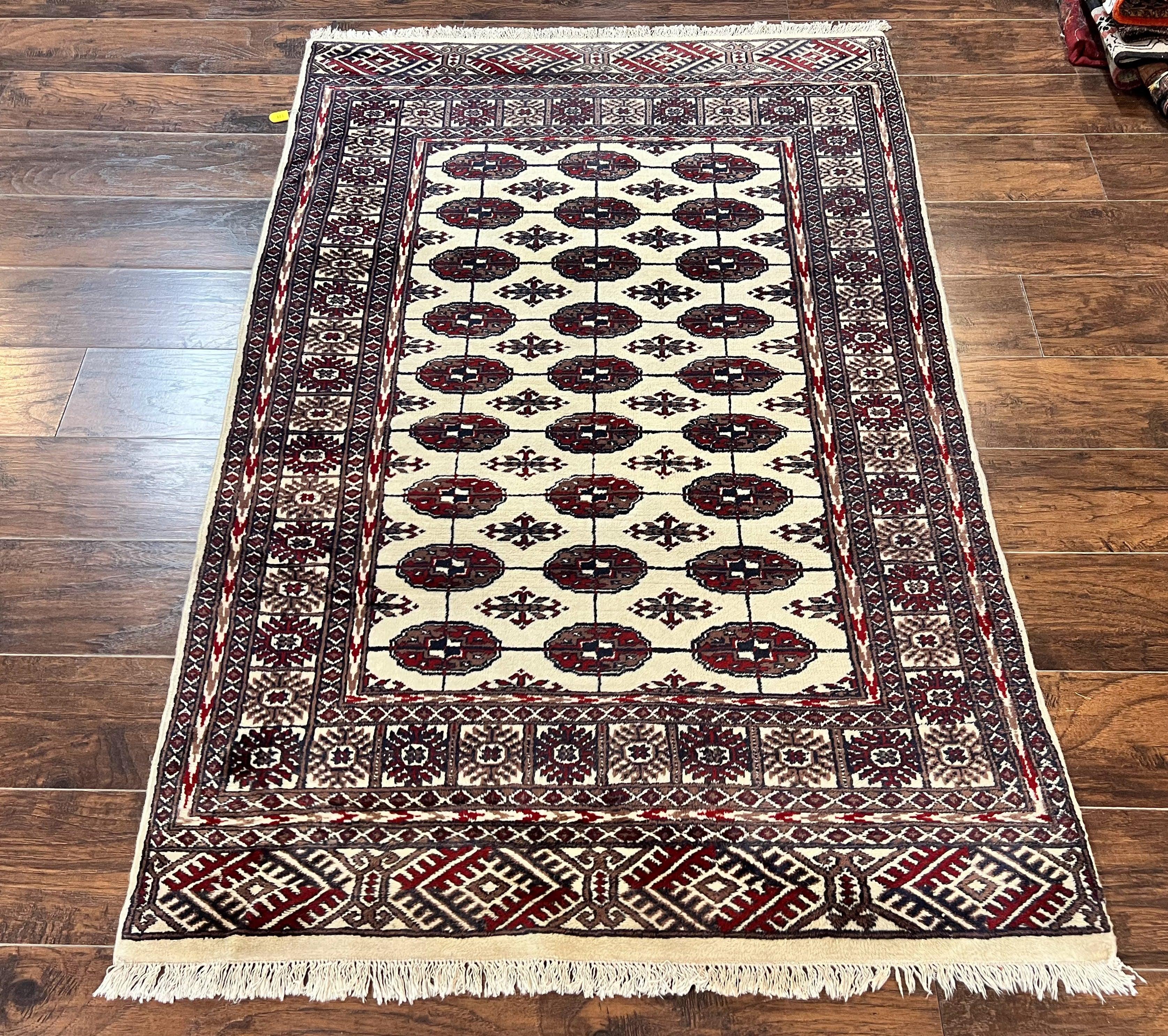 Pakistani Bokhara Rug 4x6, Turkoman Carpet, Vintage Handmade Wool Rug, Ivory