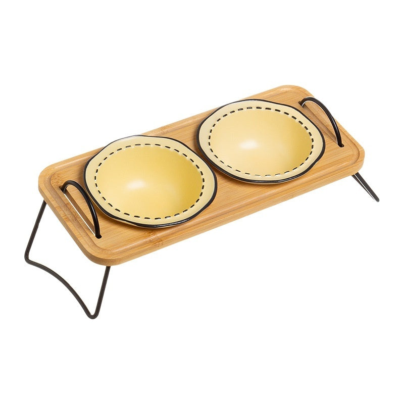Pet Wooden Rack Multi-functional Ceramic Cat Bowl Anti-tumble Water Feeding Oblique Mouth Easy To Clean