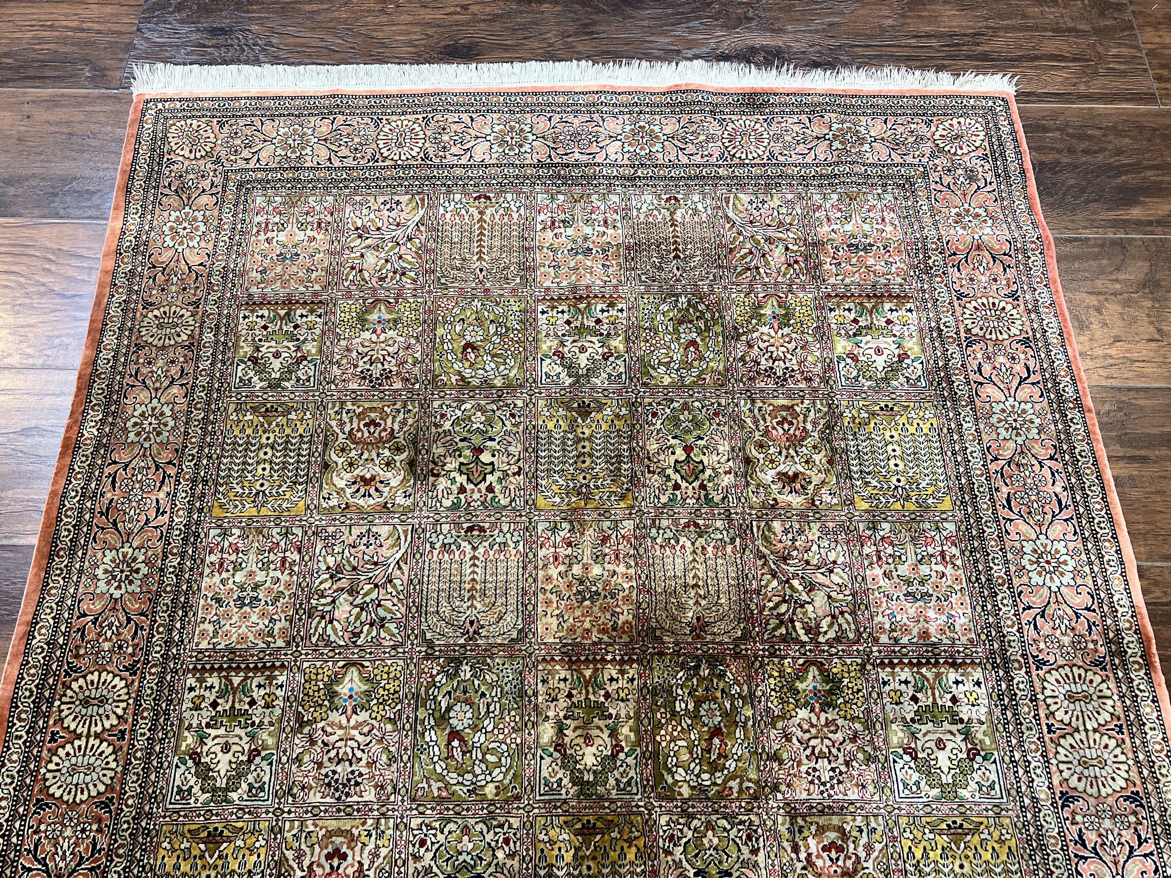 Magnificent Persian Silk Rug 3.7 x 5, Persian Qum Rug, Panel Design, Kheshti Garden, Extremely Fine 650 KPSI - 70 Raj, Hand Knotted, Vintage, Multicolor