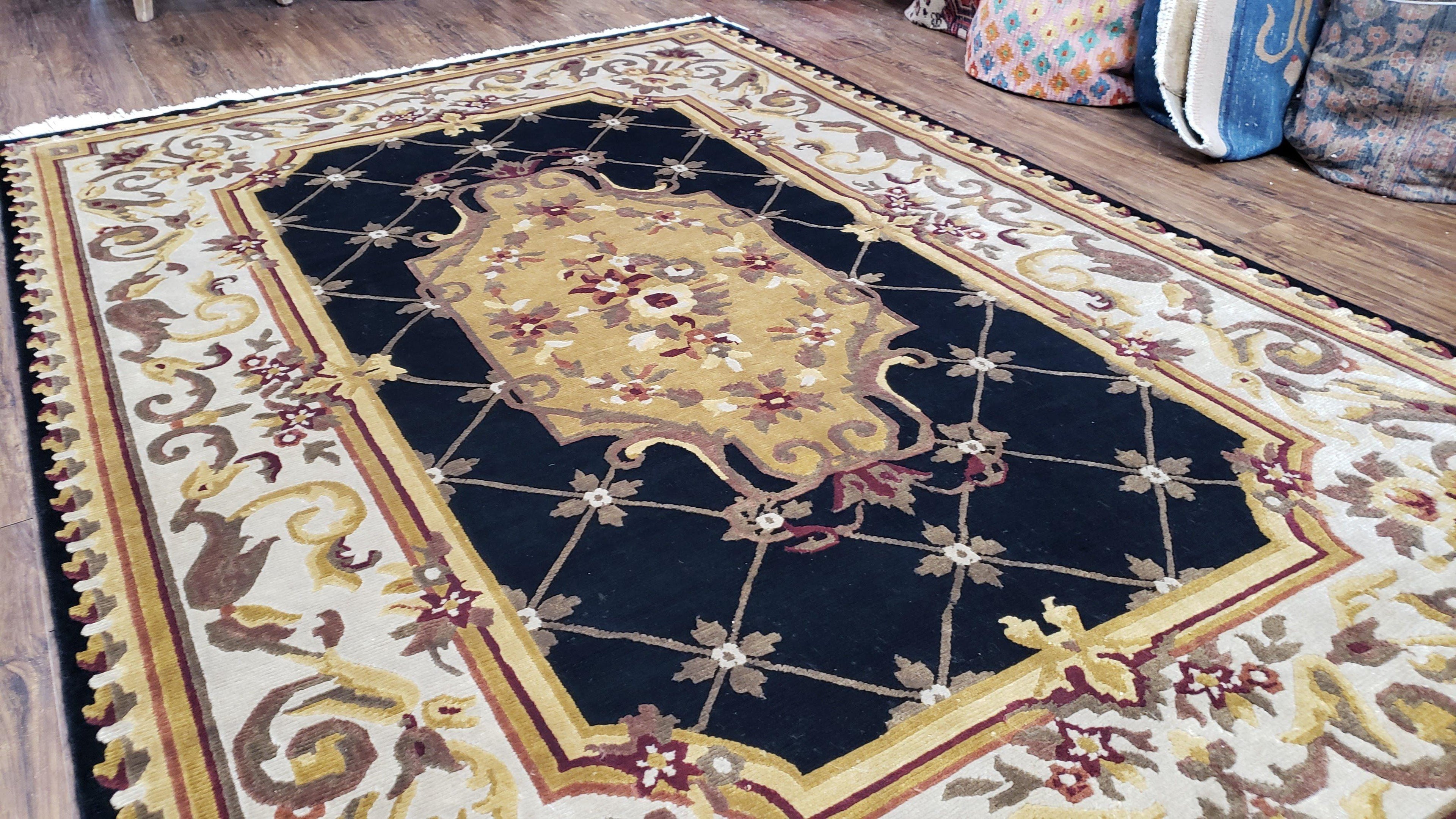 6x9 Nepalese Rug, Aubusson Savonnerie Area Rug 6 x 9 with Soft Pile, Hand-Knotted Wool Black & Beige Tibetan New Carpet European Design