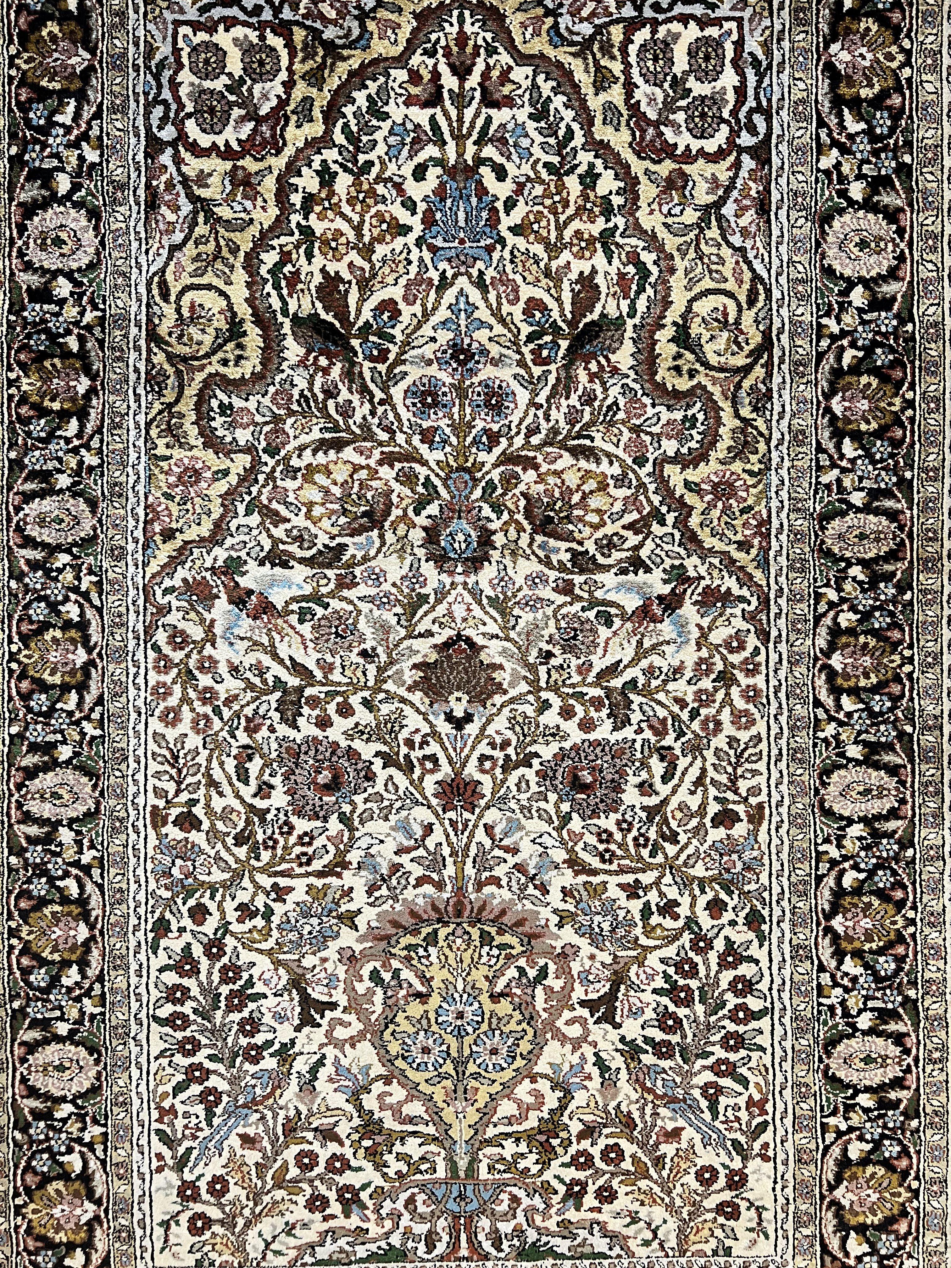 Turkish Kayseri Silk Rug 3x5, Tree of Life Silk Oriental Carpet, Birds Persian Vase Design, Hand Knotted Vintage Fine Rug, 340 KPSI