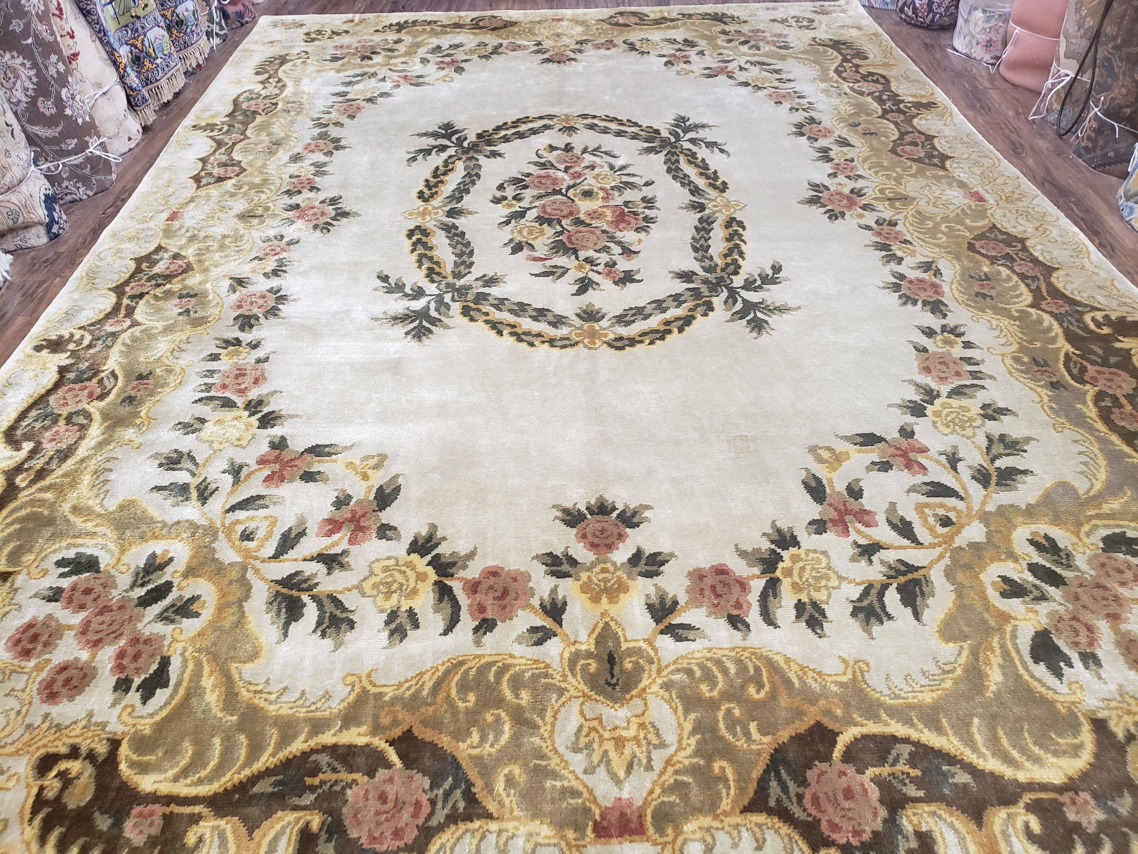 Aubusson Rug 10x14, Elegant French European Design, Vintage Handmade Carpet with Pile, Beige Floral Dining Room Rug, Living Room, Soft Wool