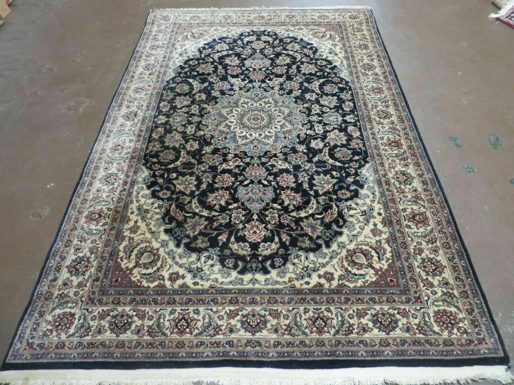 4' X 7' Vintage Handmade India Wool Silk Accent Rug Hand Knotted Black Organic