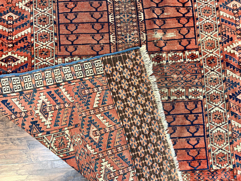 Antique Turkoman Rug 4x4, Hatchli Square Carpet, Wool Handmade Four Season Yamud Design Rug, Red Bohemian Tribal Rug, Engsi Tekkeh Rug