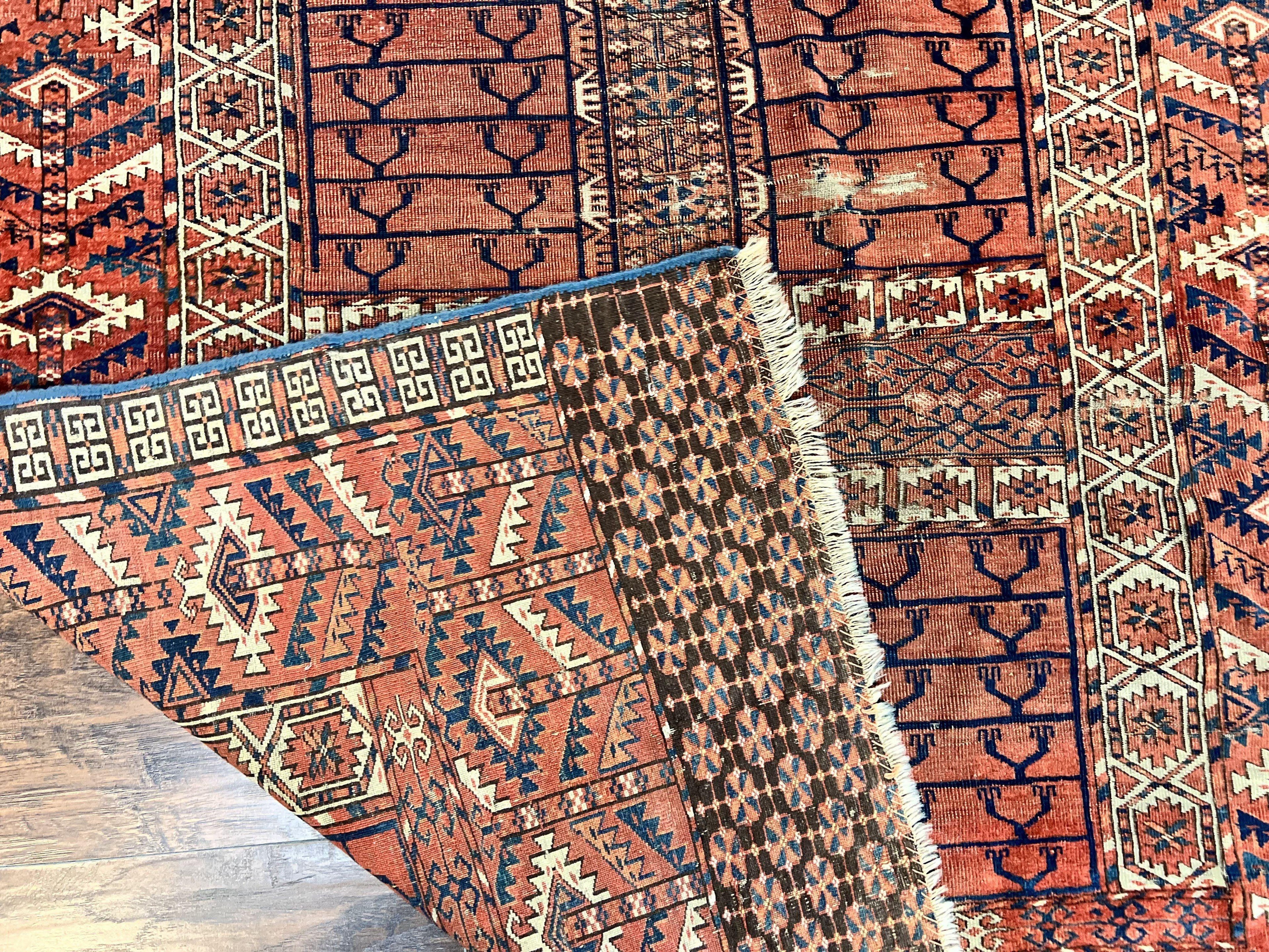 Antique Turkoman Rug 4x4, Hatchli Square Carpet, Wool Handmade Four Season Yamud Design Rug, Red Bohemian Tribal Rug, Engsi Tekkeh Rug