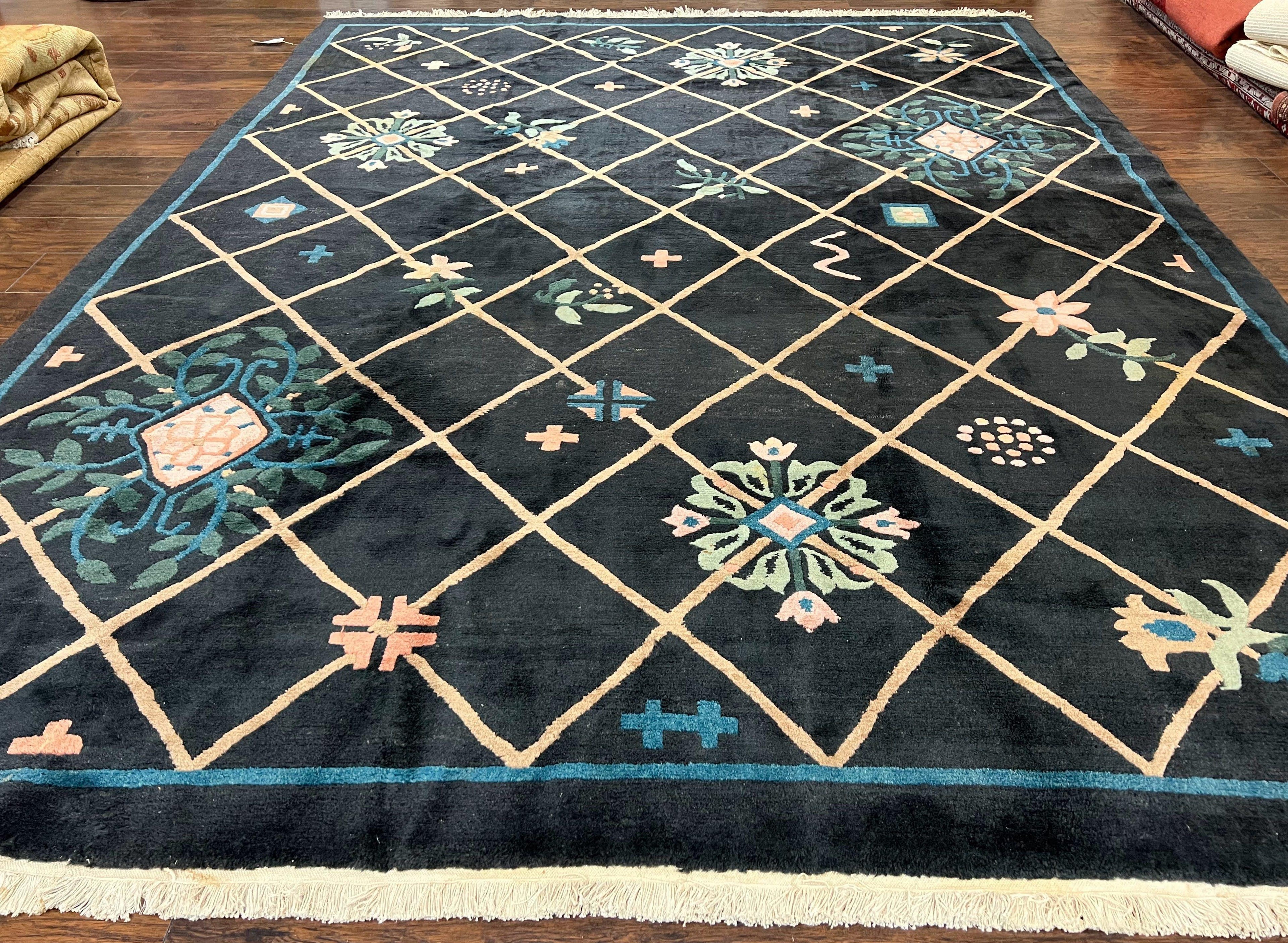 Tibetan Rug 9x12, Hand Knotted Tibet Nepali Contemporary Carpet 9 x 12 ft, Black and Tan, Handmade Area Rug Room Sized, Nepalese Rug