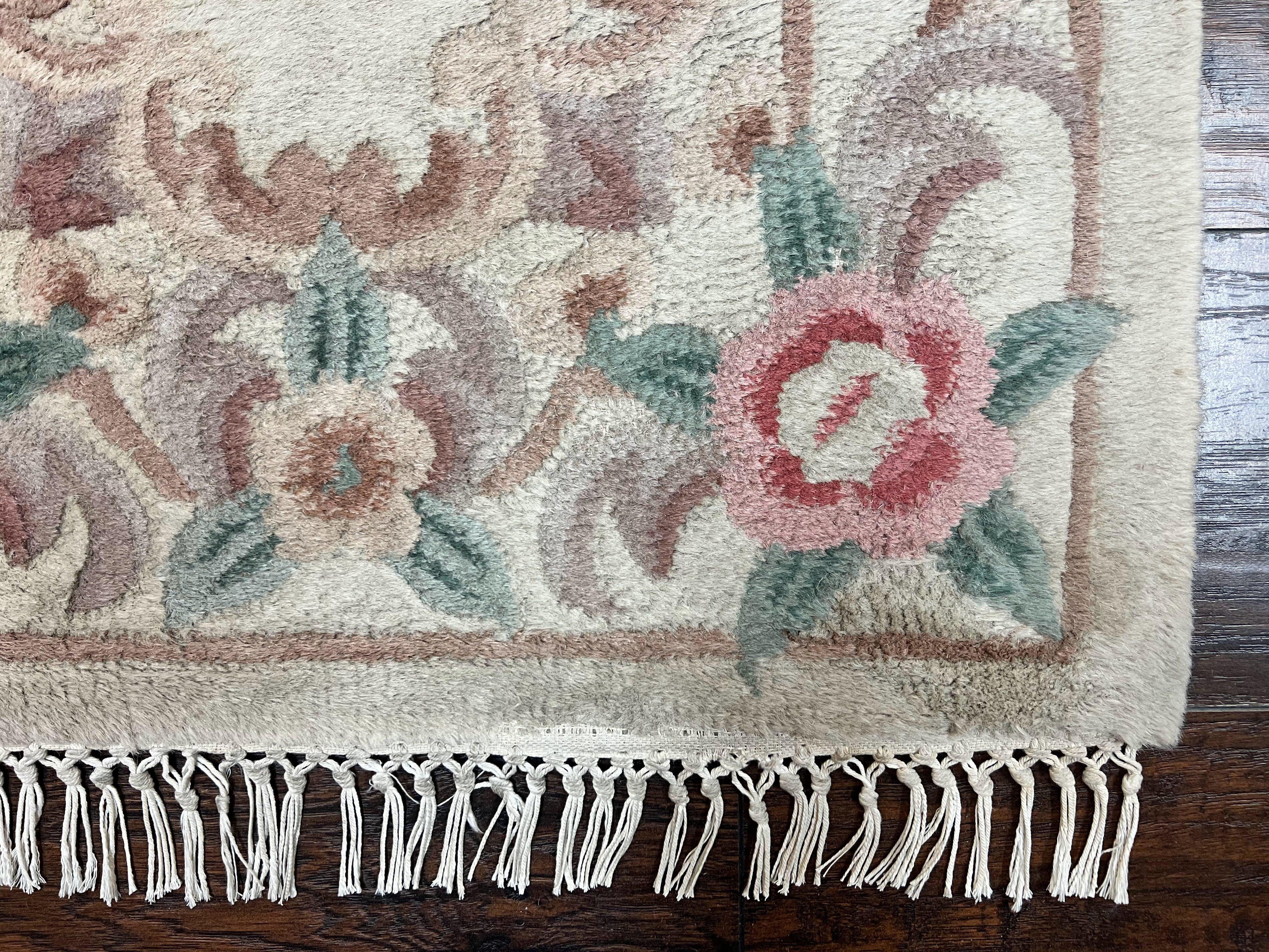 Chinese Aubusson Runner Rug 2.4 x 11, Hand Tufted Beige Floral European Design Hallway Rug, Elegant Rug, Vintage Wool Rug 11ft Long