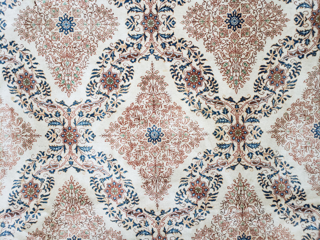 Fine Antique Persian Light Colored Kashan Carpet, 7x12, Top Quality, Rare, Ivory & Blues, Hand-Knotted, Wool