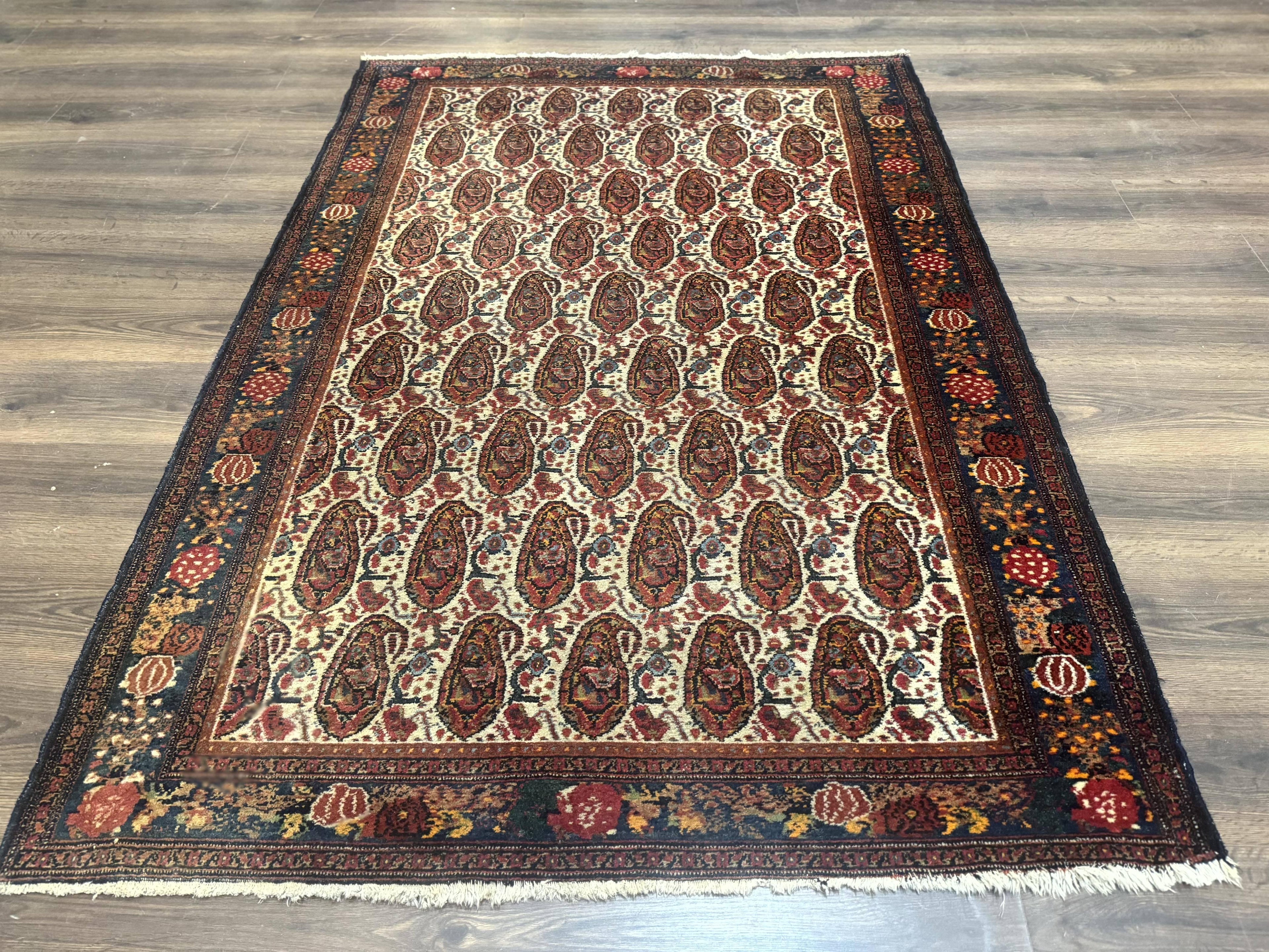 Antique Persian Kurdish Senneh Rug 4.6 x 6.5, Repeated Paisely Boteh Design, Handmade