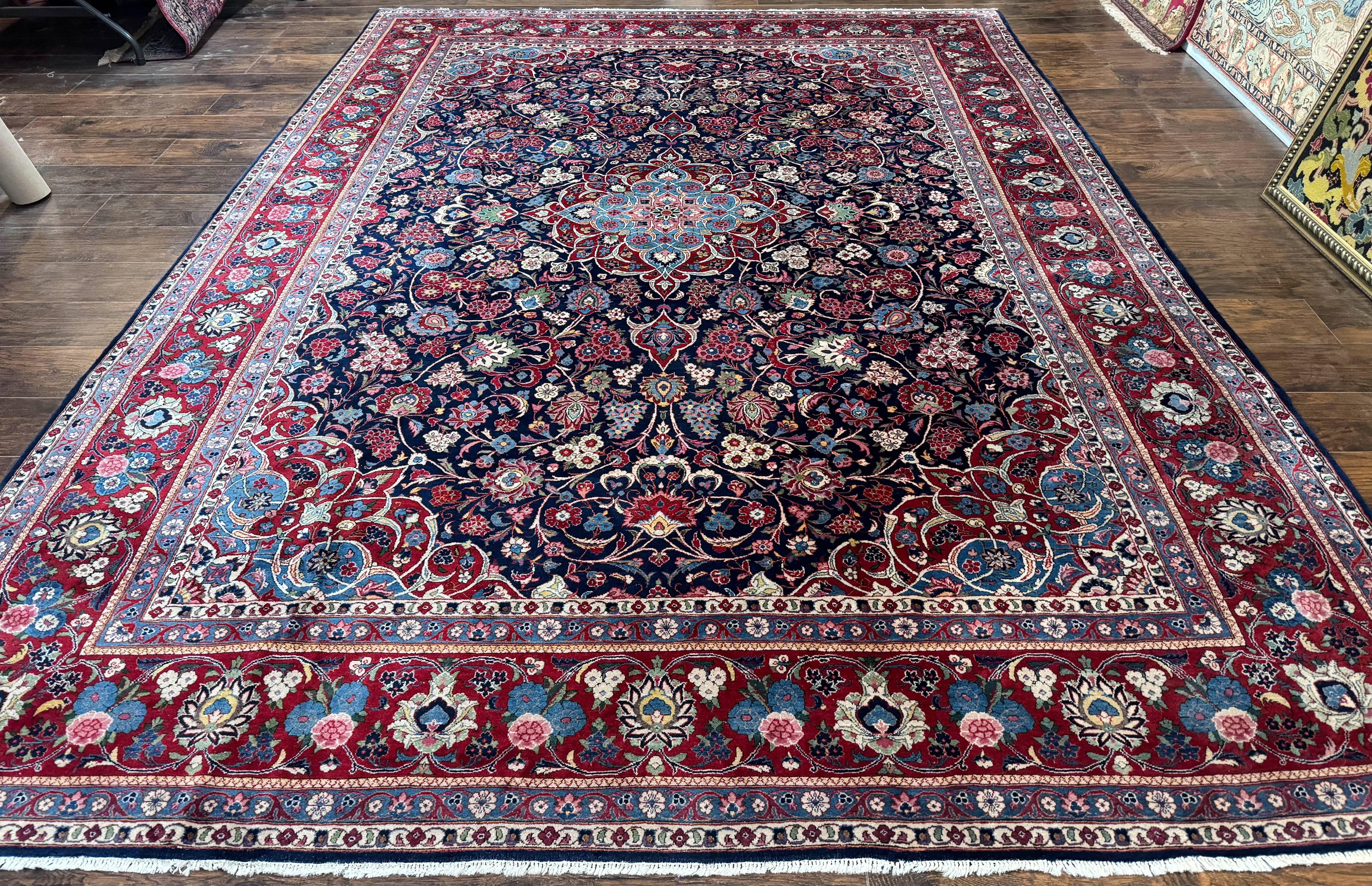 Navy Blue Persian Rug 9x12, Antique Persian Carpet, Kork Wool, 200 KPSI, Persian Kashan Rug