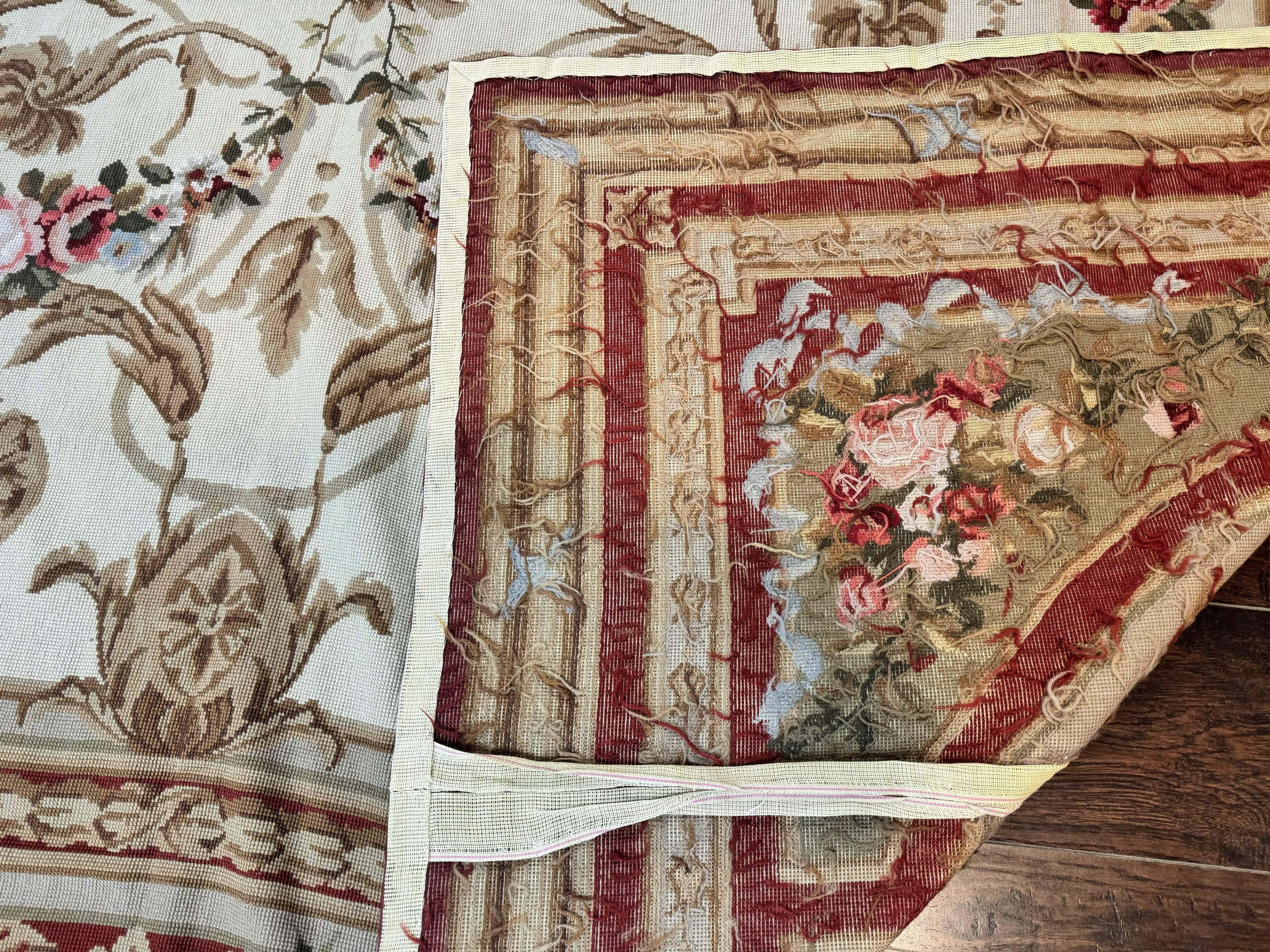 Aubusson Needlepoint Rug 9x11, Handmade Vintage Wool Flatweave Carpet, Elegant European Rug, Floral, Cream