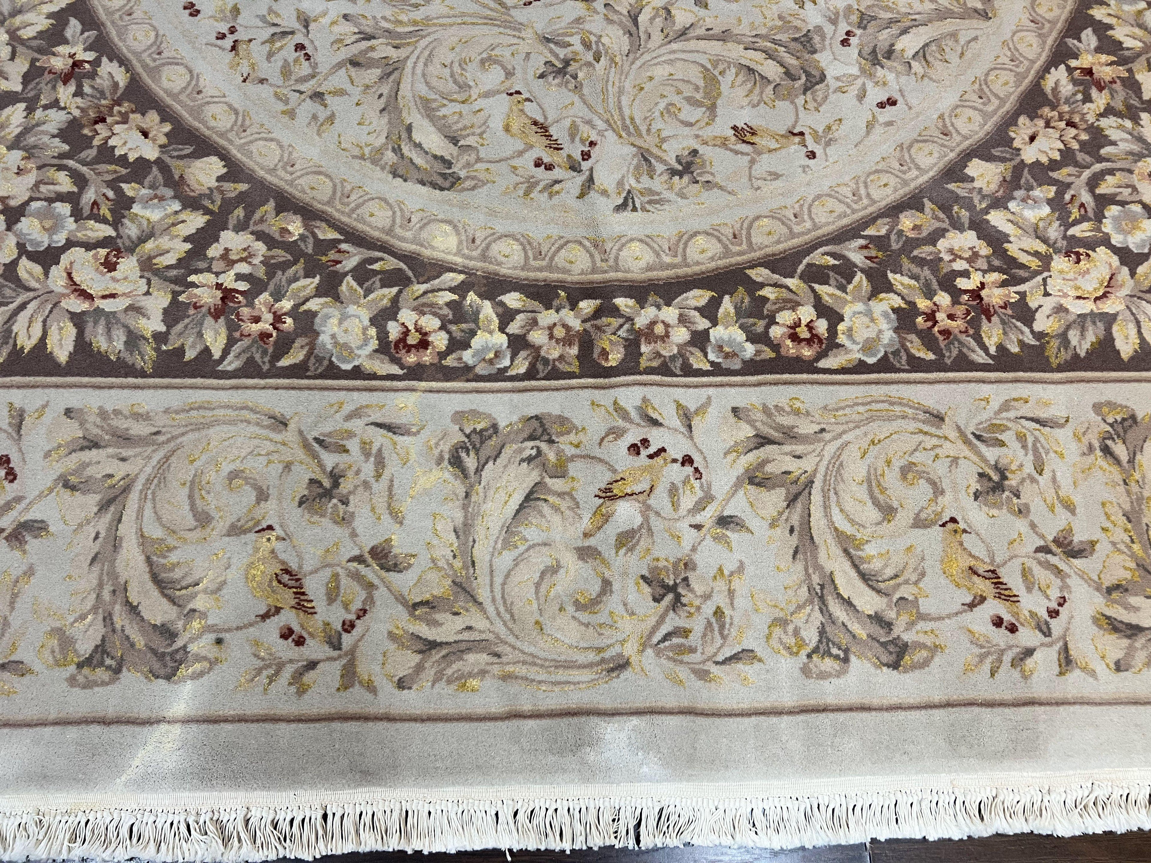Aubusson Rug 10x14, Wool & Silk Highlights Hand Knotted Vintage Carpet, Birds Flowers, Fine Details, Elegant