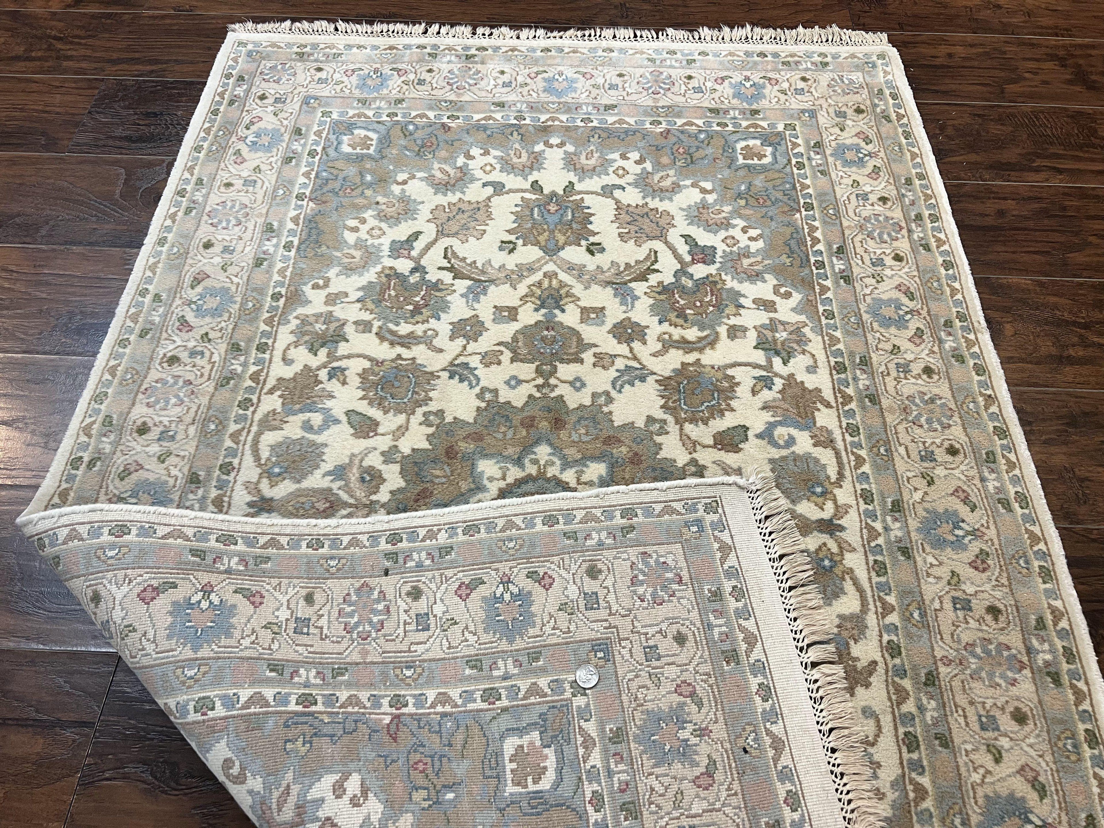 Indo Persian Rug 4x6, Floral Medallion, Beige, Handmade Wool Vintage Carpet 4 x 6 ft