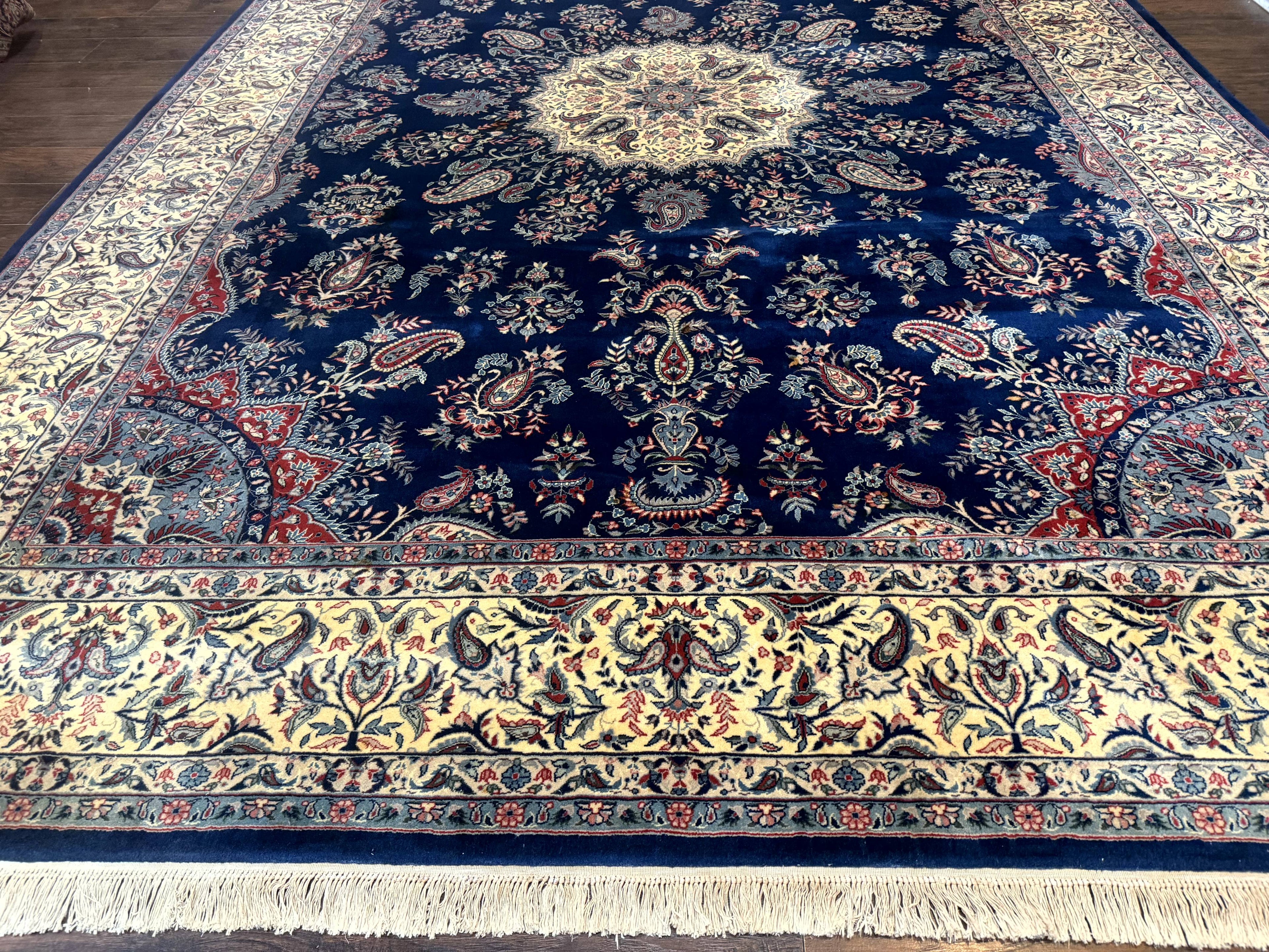 Sino Persian Kerman Rug 10x14, Blue and Beige, Floral Medallion, Fine 240 KPSI