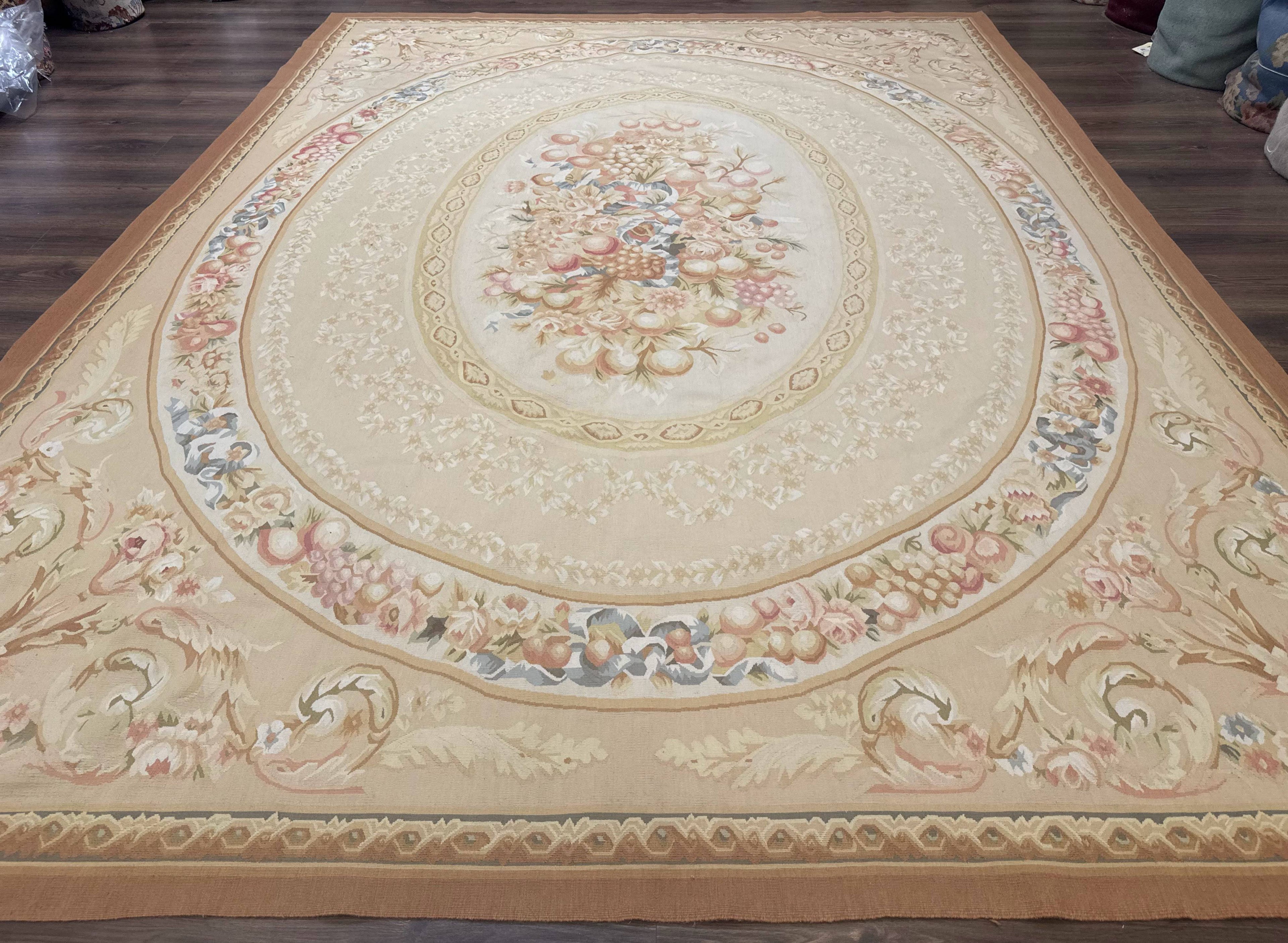 Aubusson Rug 9x12, French European Design, Floral, Elegant