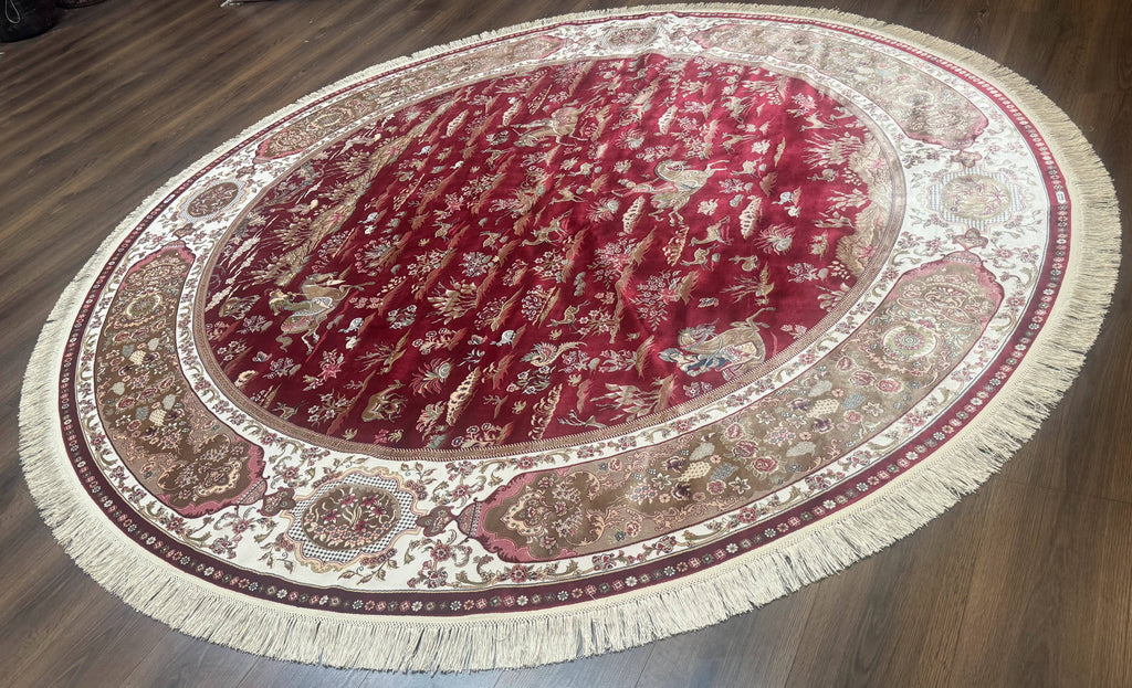 Large Round Turkish Silk Rug 8x8, Hunting Design, Dark Red & Ivory, Bamboo Silk