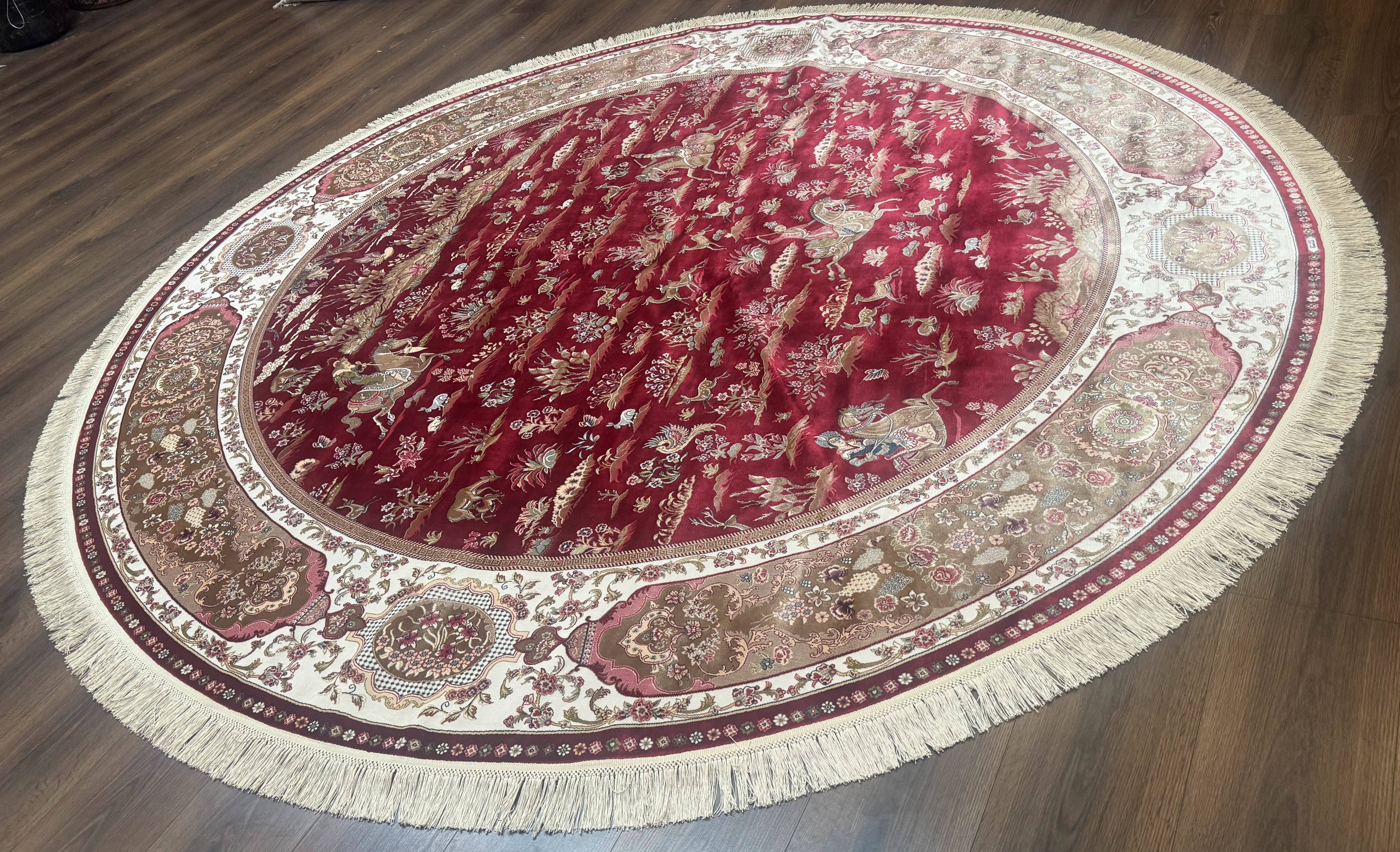 Large Round Turkish Silk Rug 8x8, Hunting Design, Dark Red & Ivory, Bamboo Silk