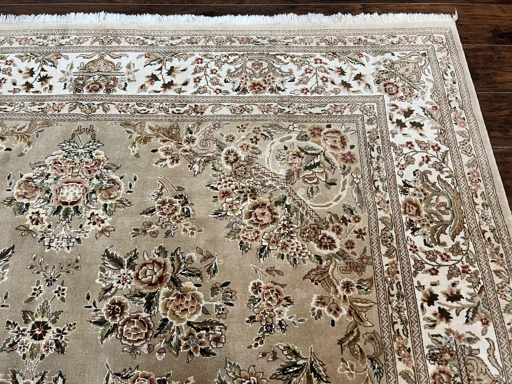 Sino Persian Rug 8x10, Soft Wool, Silk Highlights, Hand Knotted Vintage Carpet, Taupe & Ivory, Floral, Traditional Rug 8 x 10