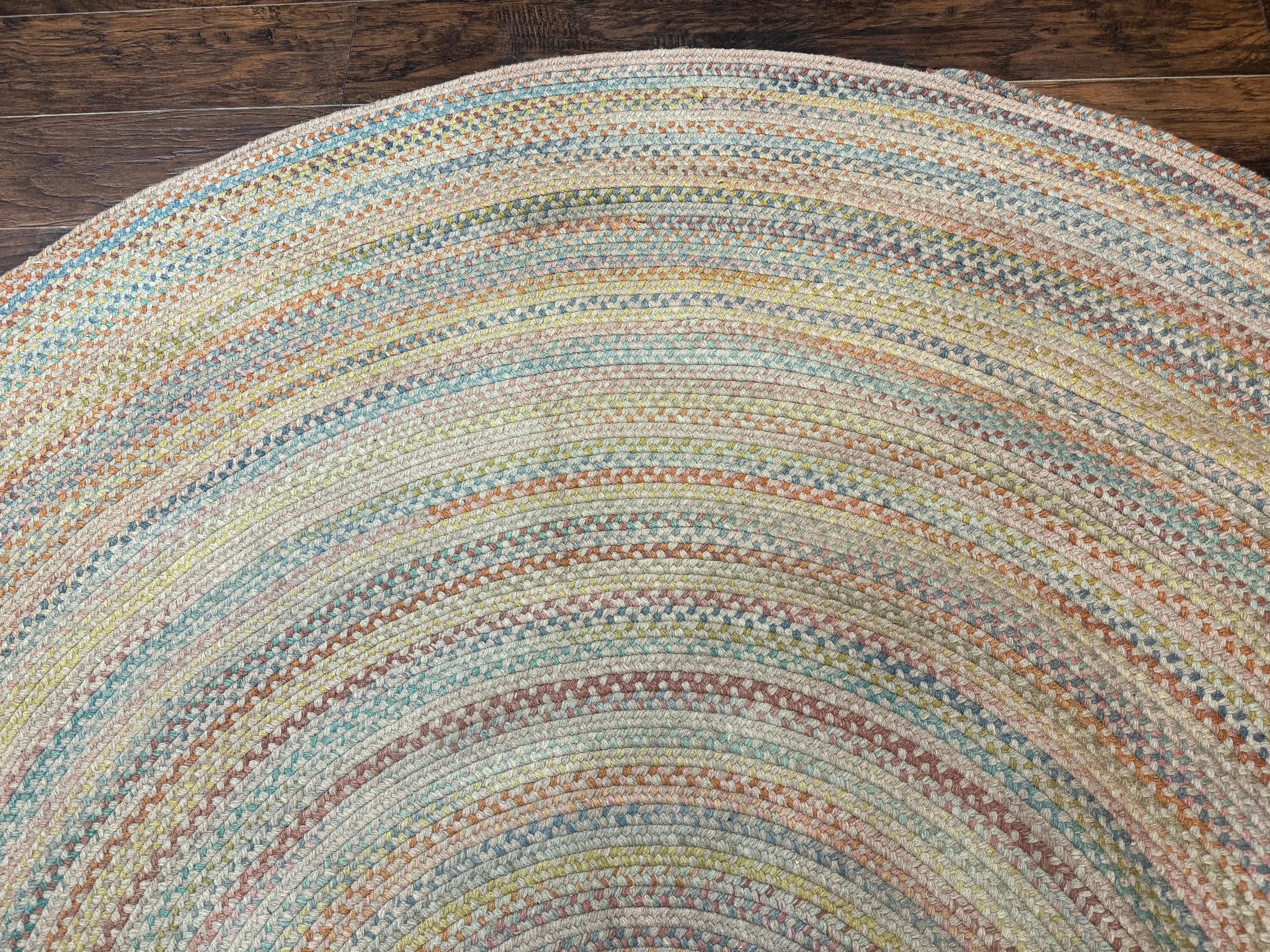 Large American Round Braided Rug 10x10, Multicolor, Vintage, Mid Century, Hand Braided