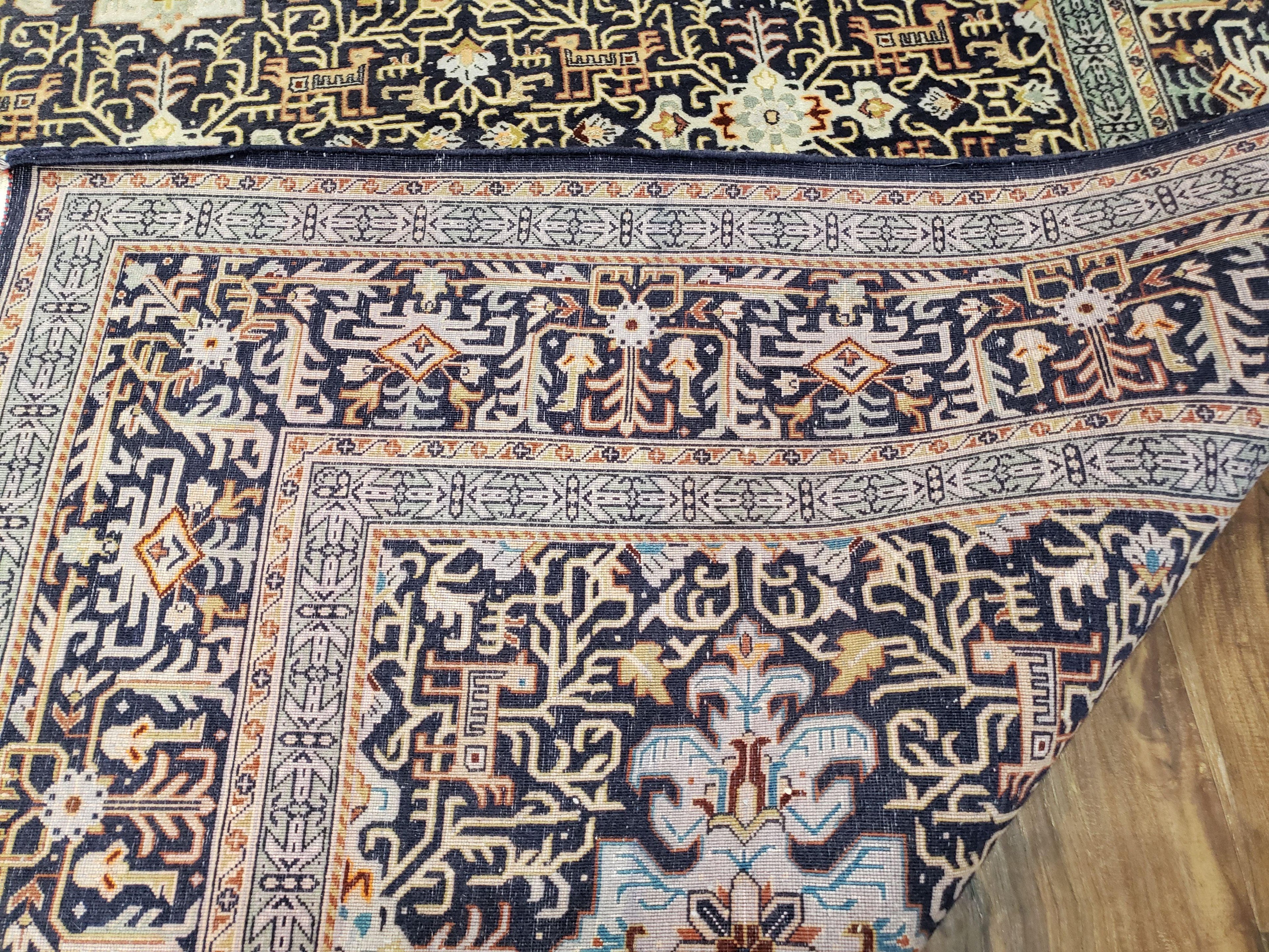 Persian Kashan Rug, Navy Blue, Hand-Knotted, Wool, 4' 8" x 7' 4", Pair A
