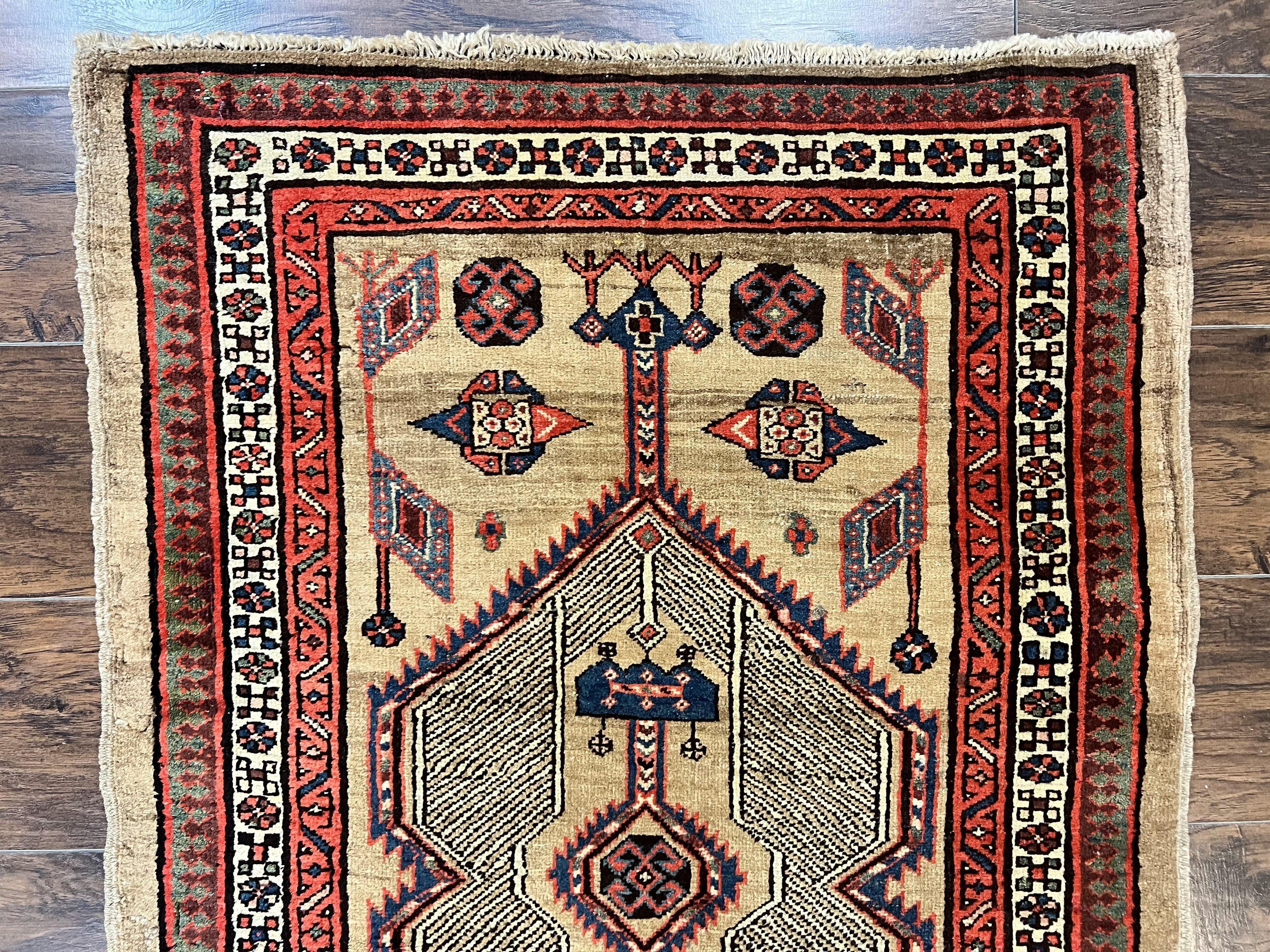 Antique Persian Runner 3 x 7, Camel Hair Runner 3x7 ft, Handmade Hallway Rug, Geometric Design, Tribal Rug, Persian Sarab Rug 3x7