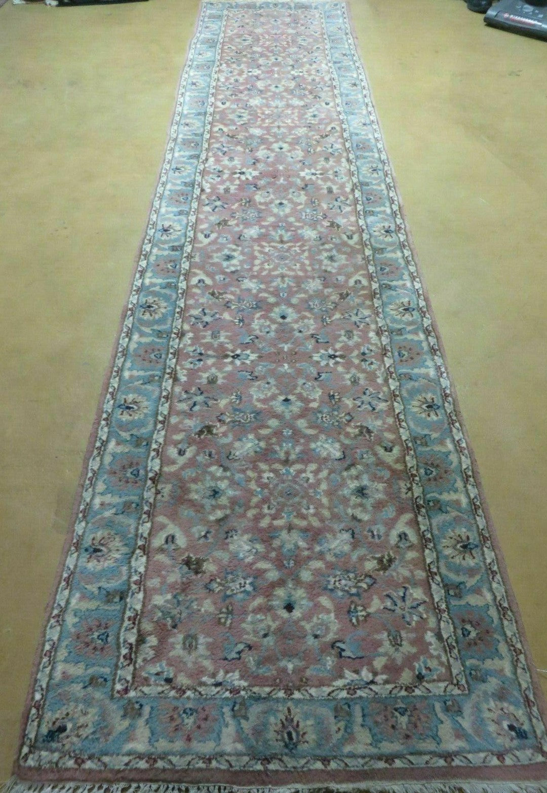 Indo Persian Runner Rug 2.8 x 12, Wool Hand Knotted, Pink and Light Blue