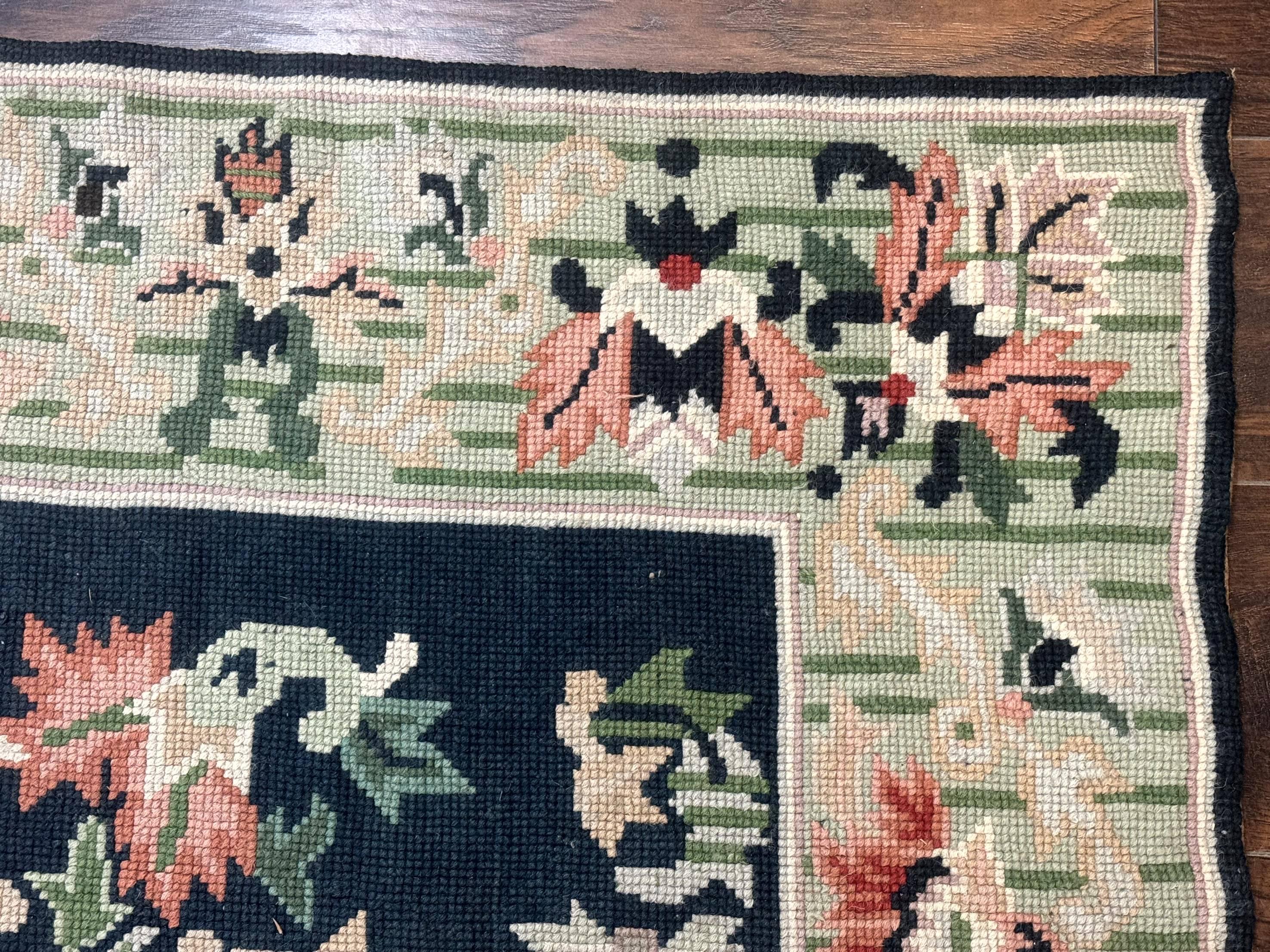 Vintage American Needlepoint Rug 4x6, Dark Green, Wool, Handmade, Flatweave Carpet