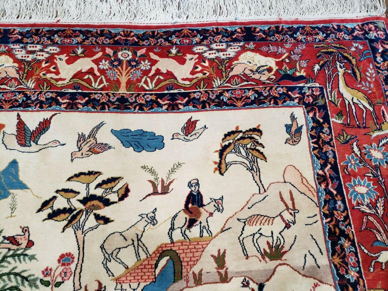Antique Persian Isfahan Rug 5x7, Animal and Human Pictorials, Hand Knotted Fine Oriental Wool Carpet, Cream and Red, High KPSI, Vintage Rug 5 x 7 ft