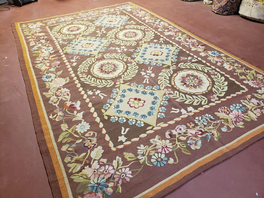 Aubusson Rug 6 x 9 Flat Weave Area Carpet European Design Flowers New Brown Rug Handmade Wool Hand-Knotted Aubusson Weave Medium Rug 6x9