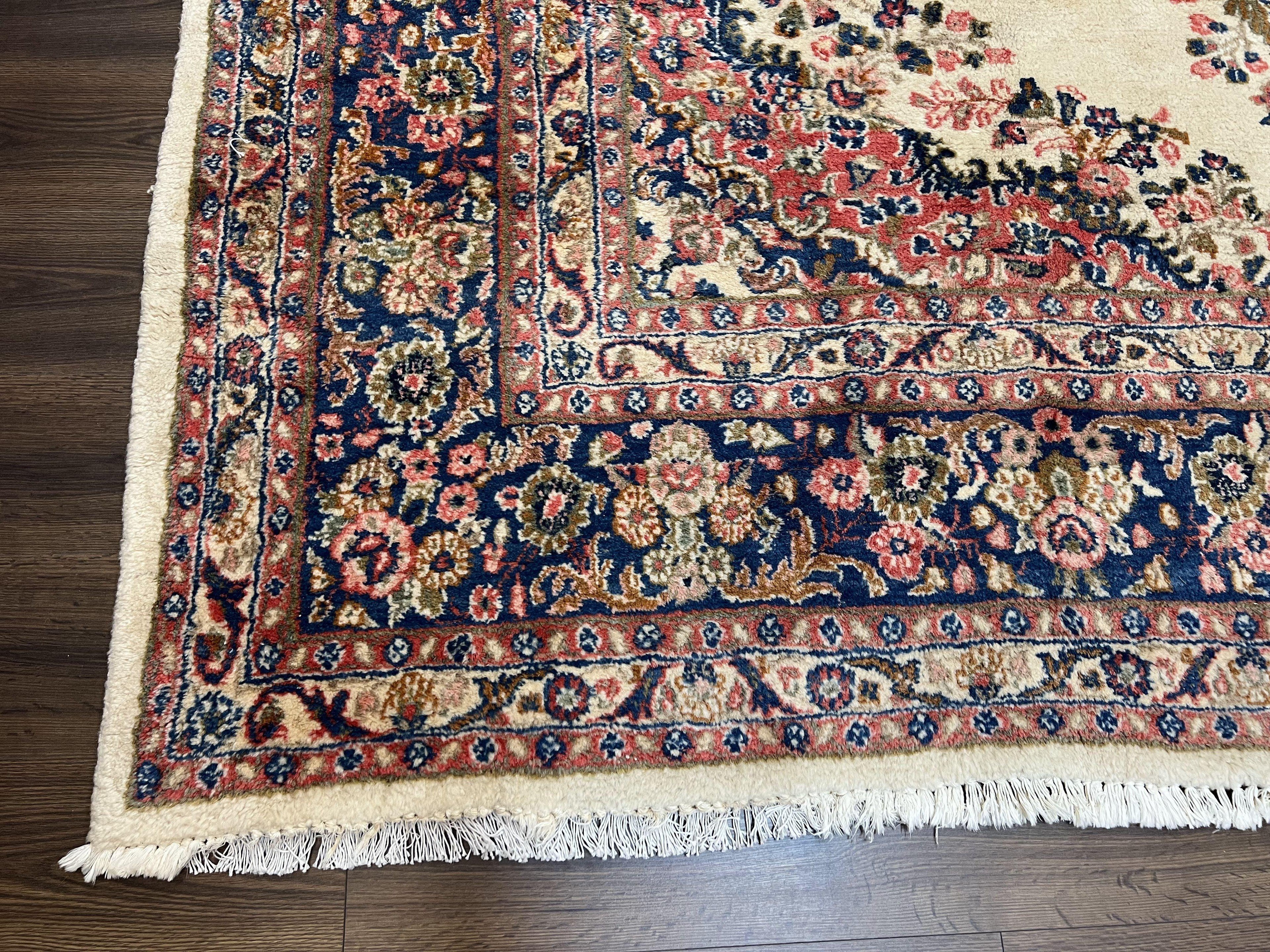 Persian Rug 9x10, Hamadan Rug, Antique Oriental Carpet, Wool Rug, Semi Open Field, Cream and Navy Blue, Kirman Design Hand Knotted Almost Square Rug