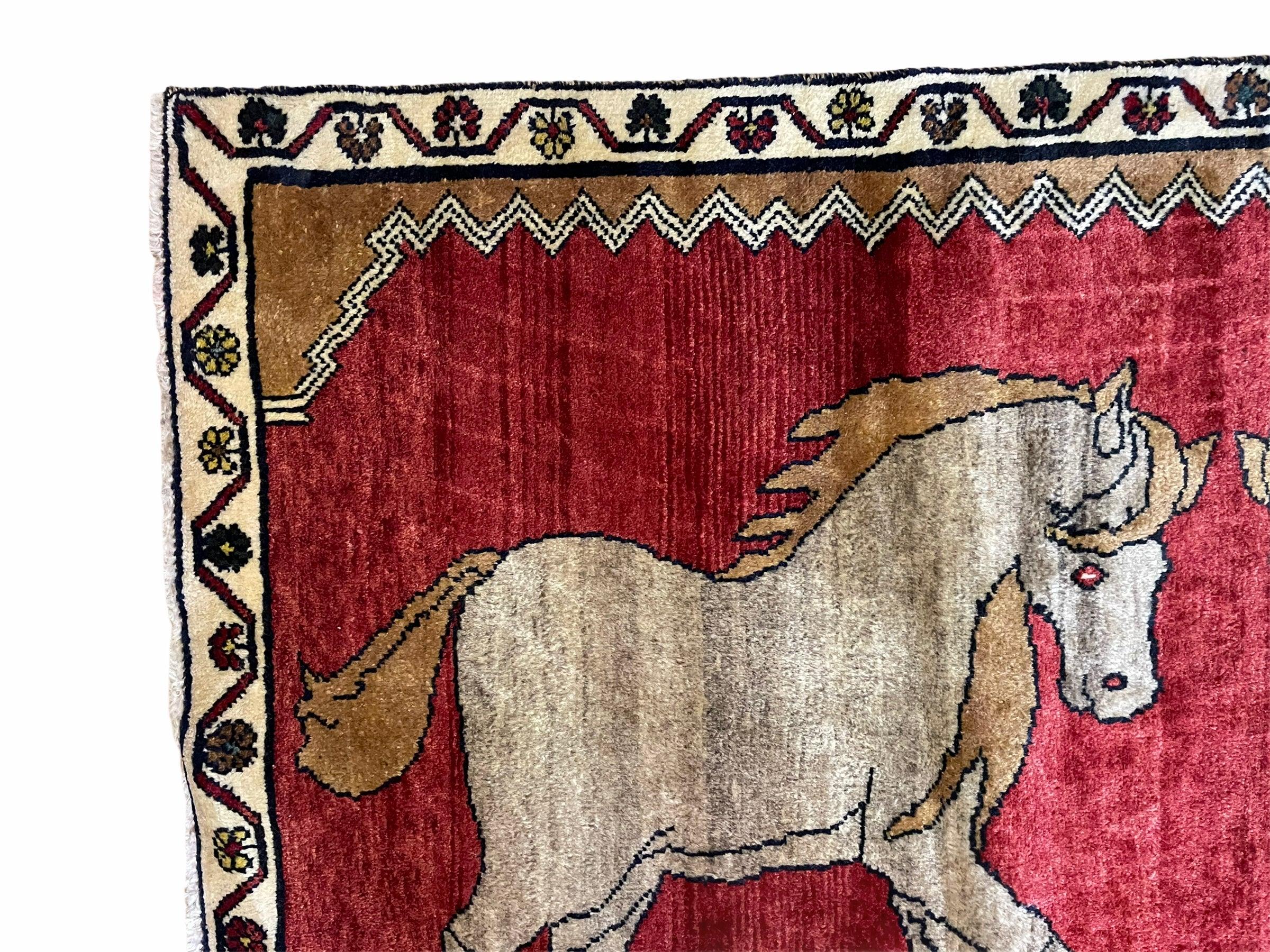 4 X 6 Handmade Hand-Knotted New Vintage Rug Wool Horses Red Organic Dyes Tribal