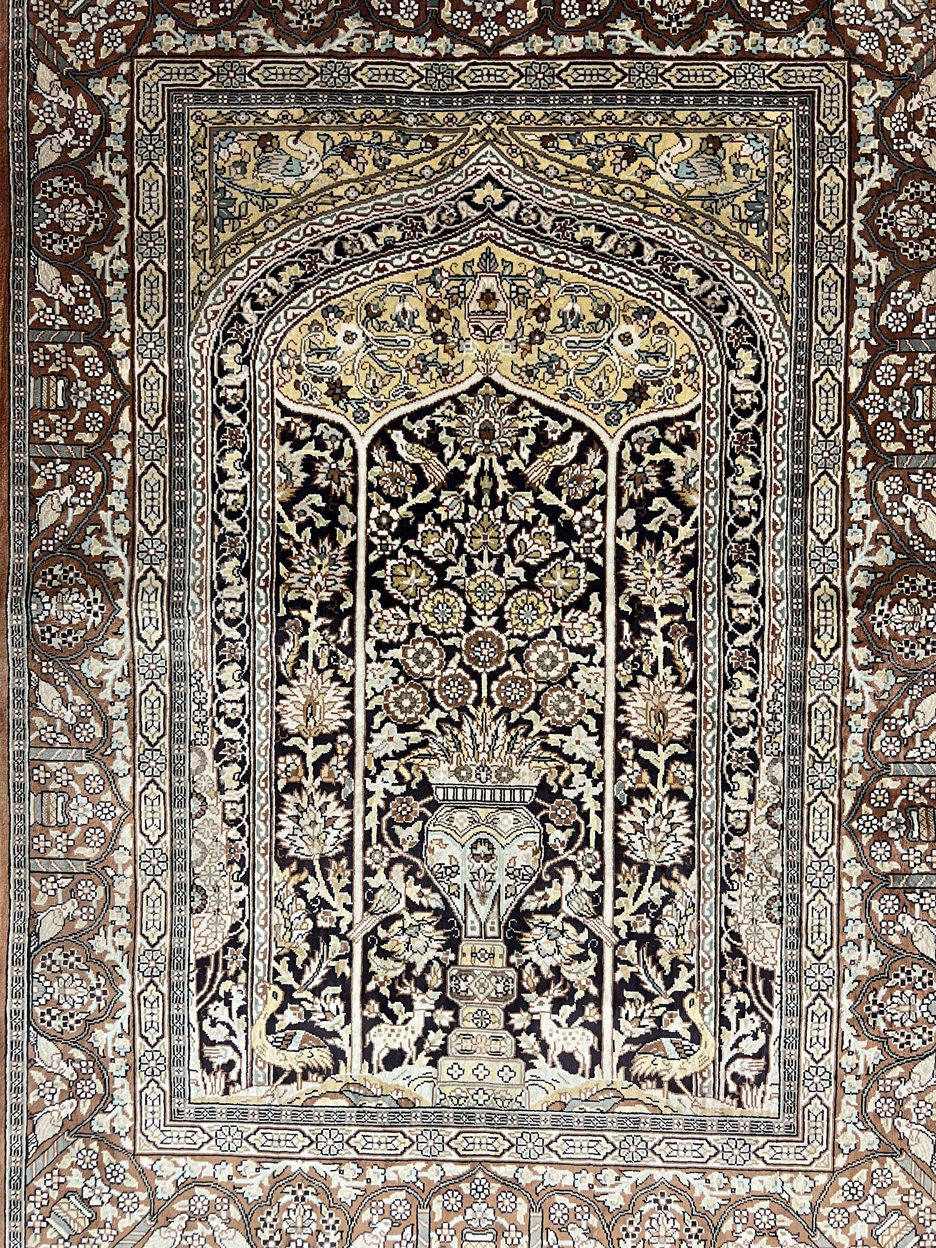 Turkish Silk Hereke Rug 2x3, Floral Vase Tree of Life Birds, Silk Pile on Silk Foundation, Vintage Oriental Carpet, Very Fine, Signature