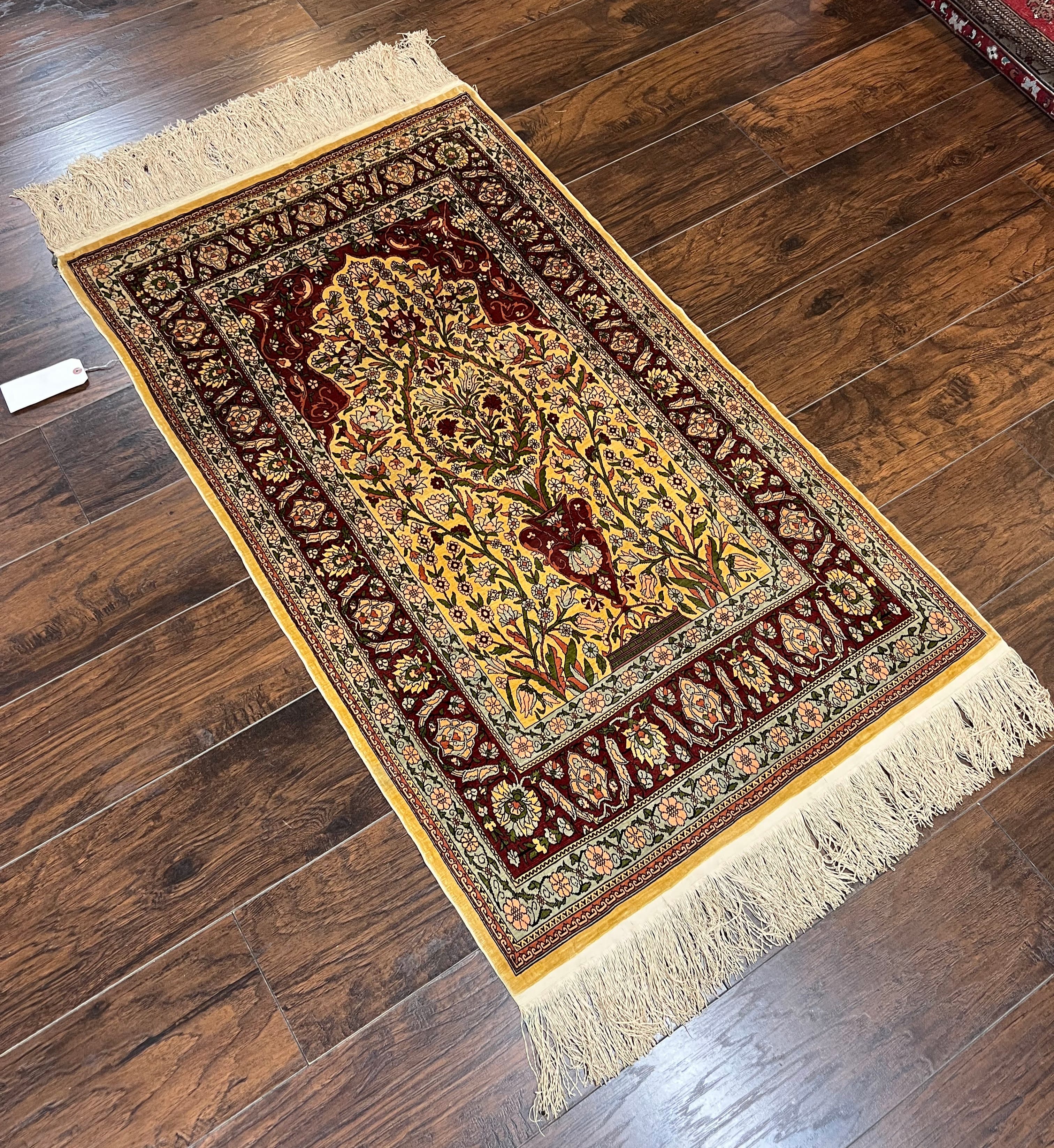 Wonderful Silk Turkish Hereke Prayer Rug 2.8 x 4.5, Tree of Life Design, Signature from Master Weaver, Gold and Burgundy, Handmade, 625 KPSI